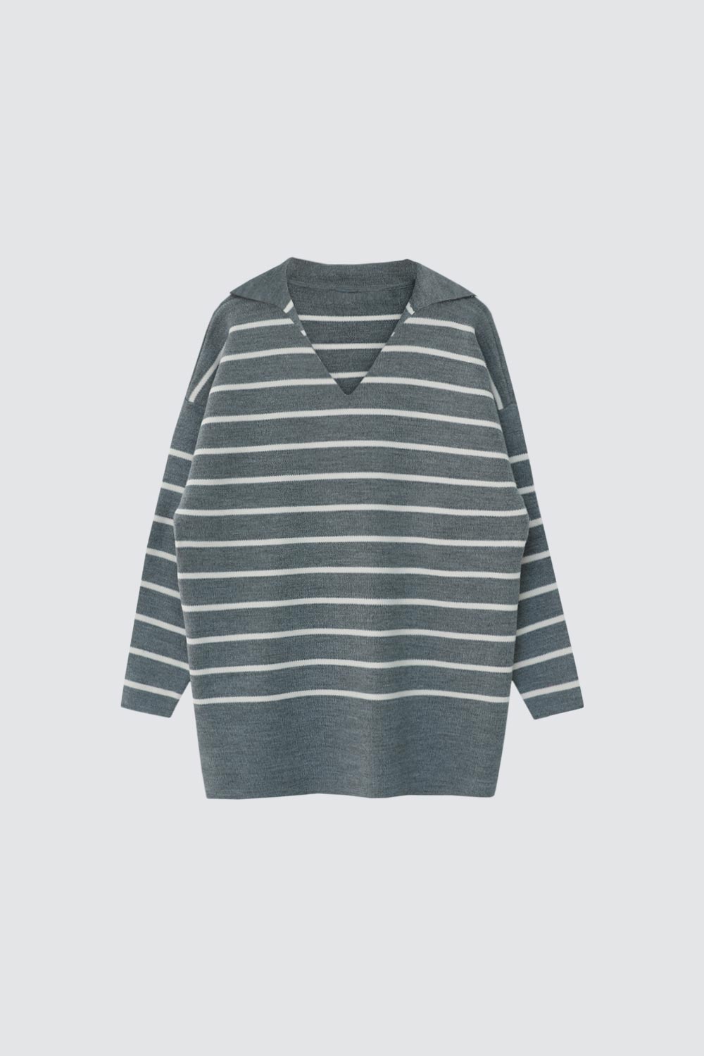 Polo Yaka Çizgili Oversize Gri Kadın Triko