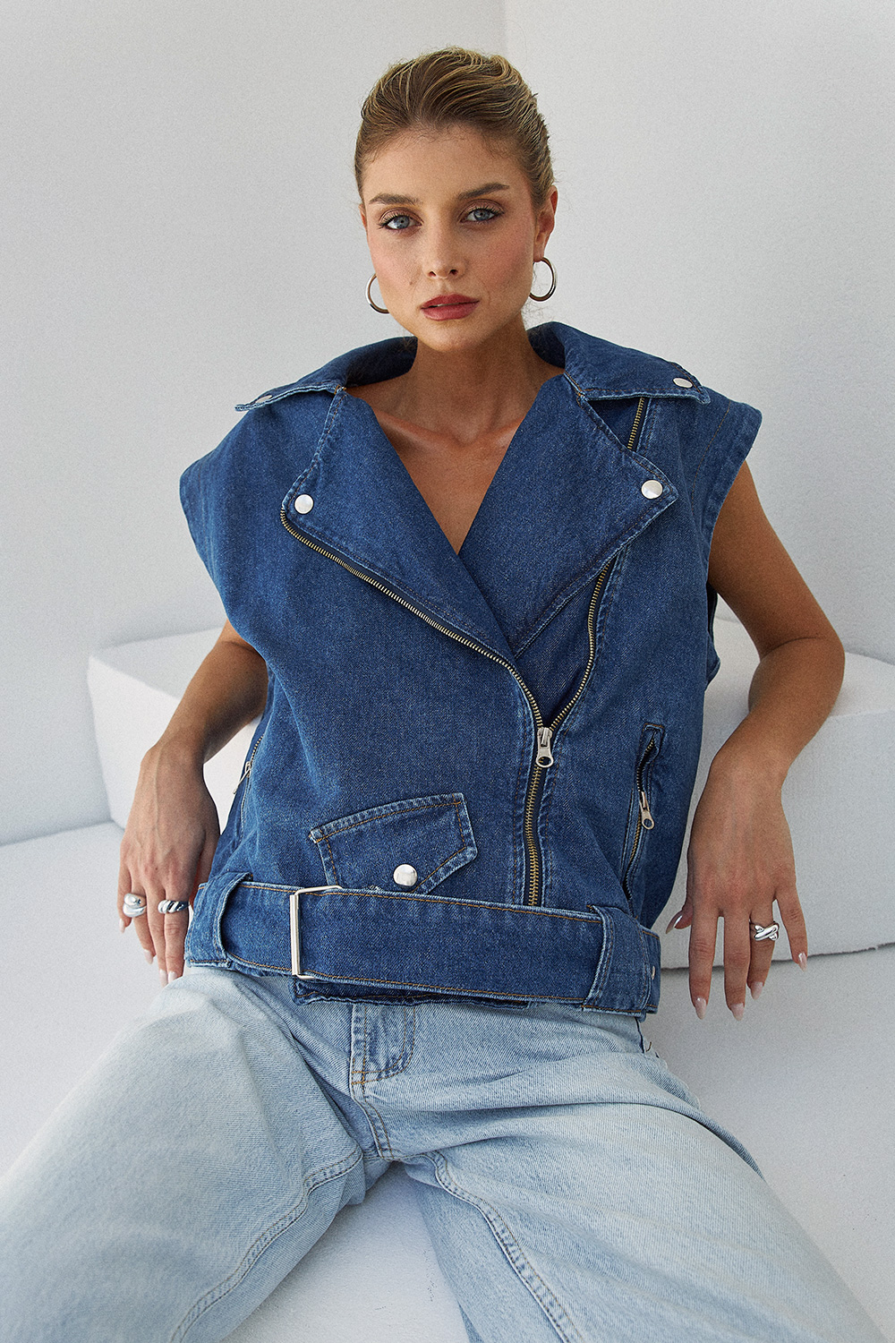 Apolet Detaylı Denim Koyu Mavi Kadın Yelek