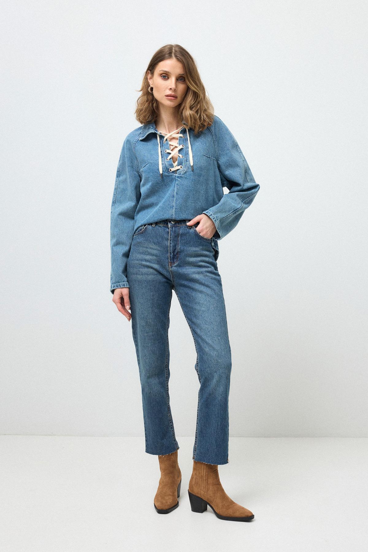 Bağcıklı Denim Açık Mavi Kadın Gömlek