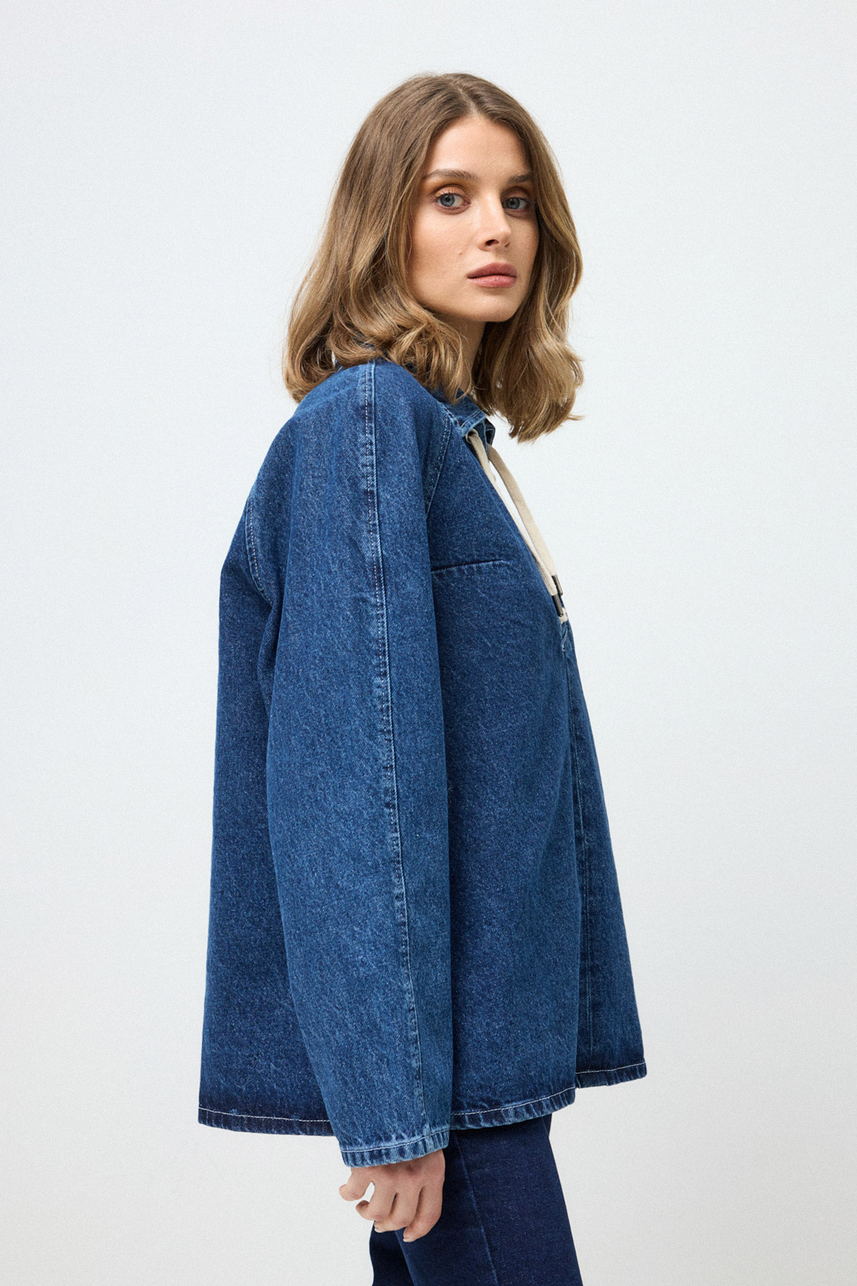 Bağcıklı Denim Koyu Mavi Kadın Gömlek