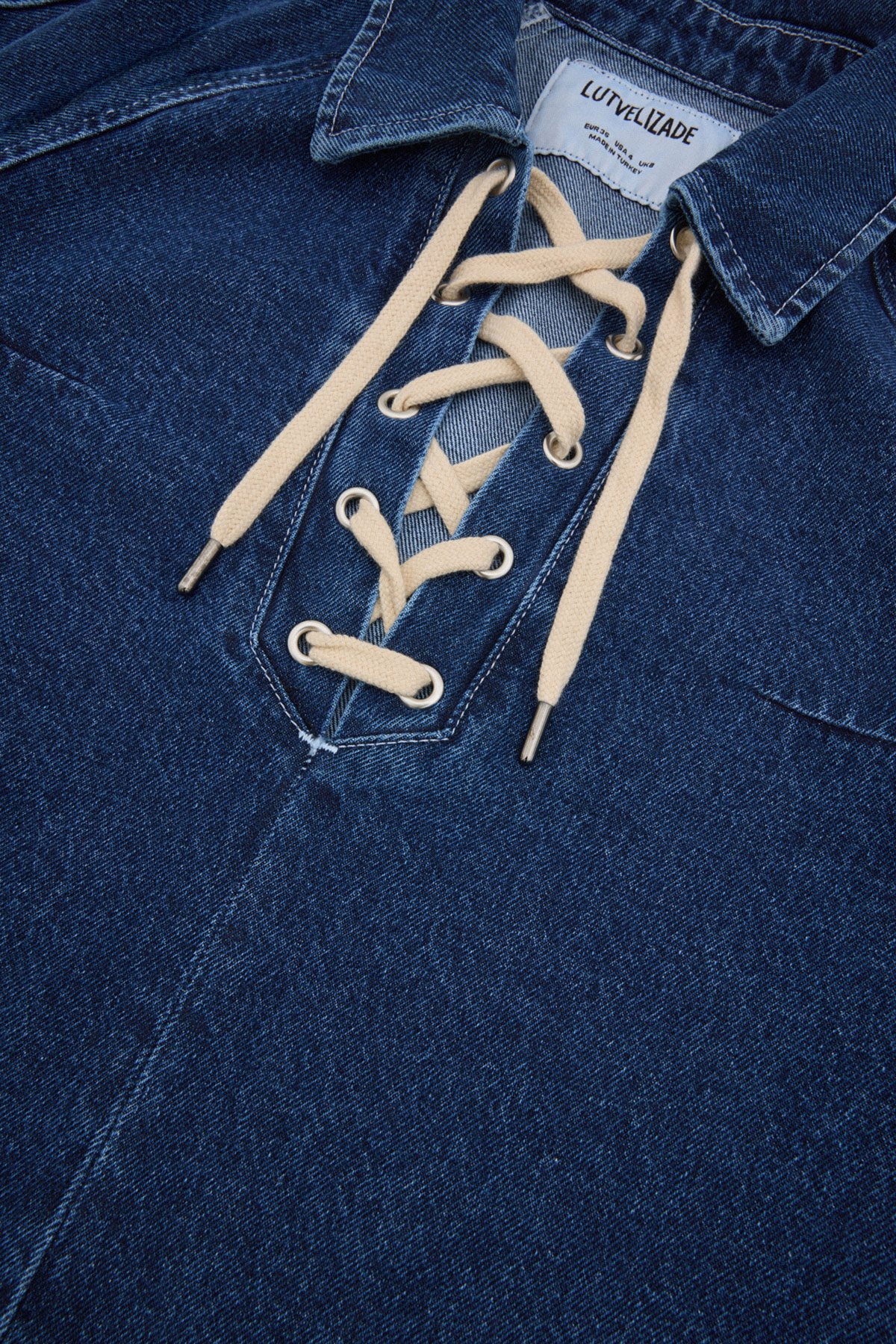 Bağcıklı Denim Koyu Mavi Kadın Gömlek
