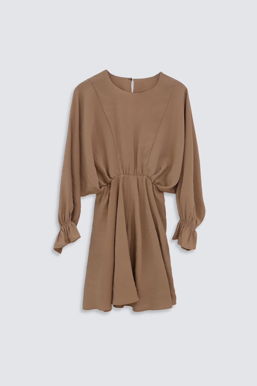 Belden Lastikli Yarasa Kol Klasik Mini Camel Kadın Elbise