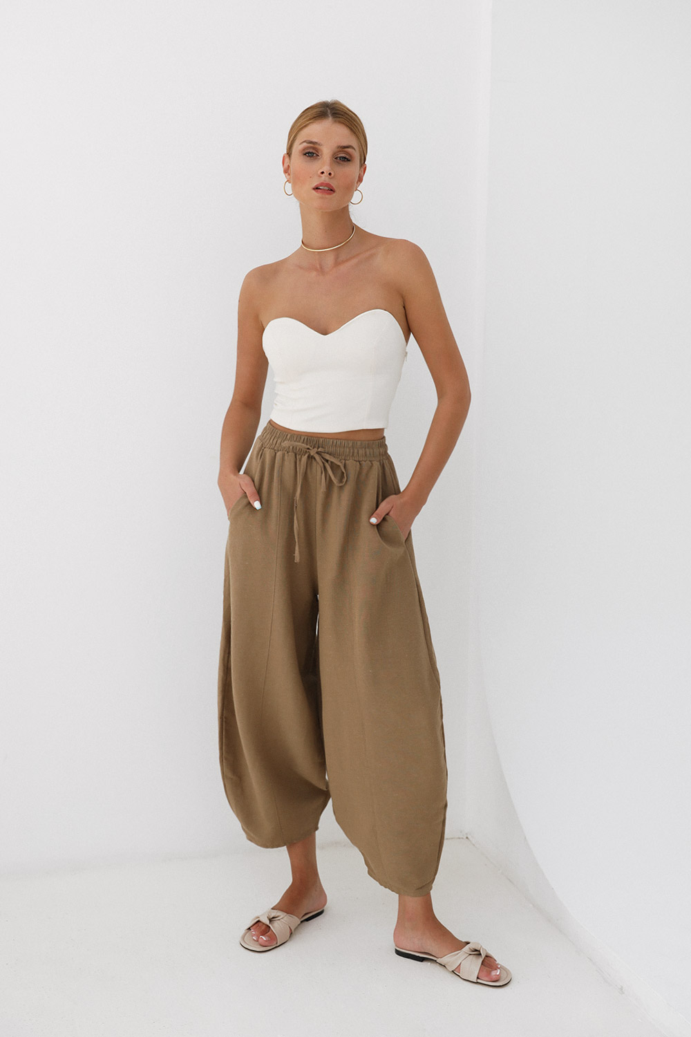Beli Lastikli Keten Slouchy Camel Kadın Pantolon