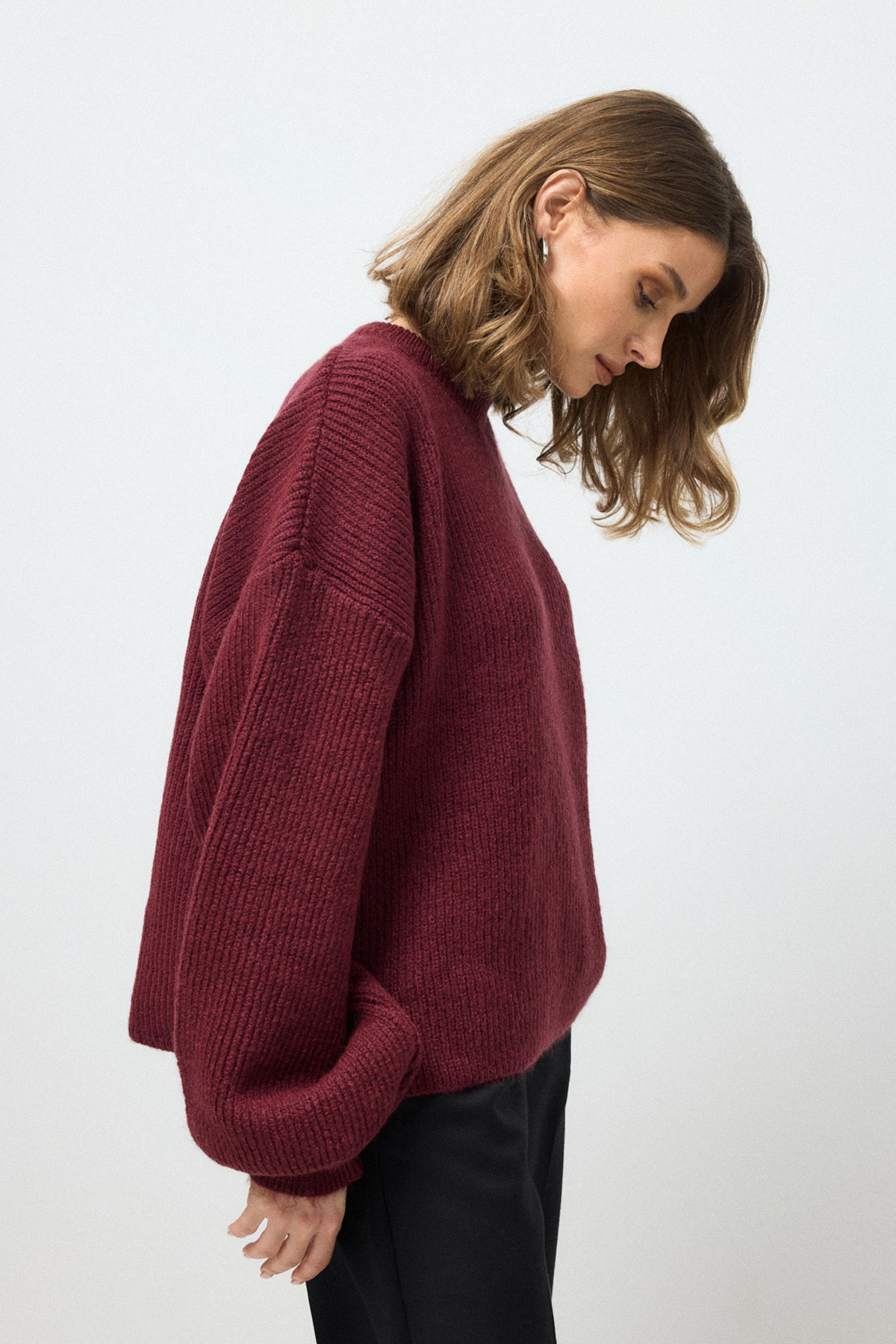 Bisiklet Yaka Balon Kollu Bordo Kadın Triko