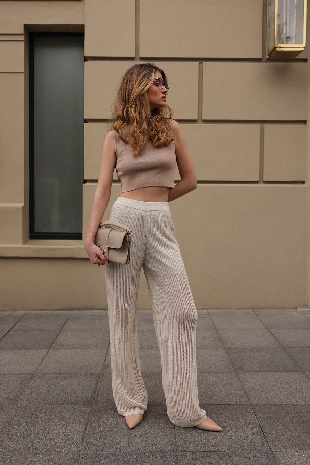 Bisiklet Yaka Tok Kumaş Vizon Kadın Crop Top