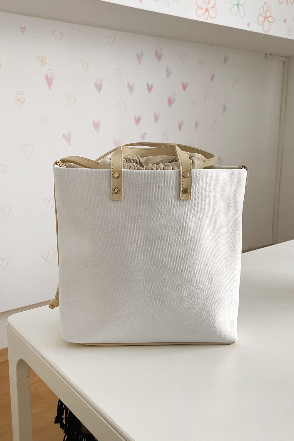 Deri Saplı Bez Shopper Beyaz Kadın Çanta