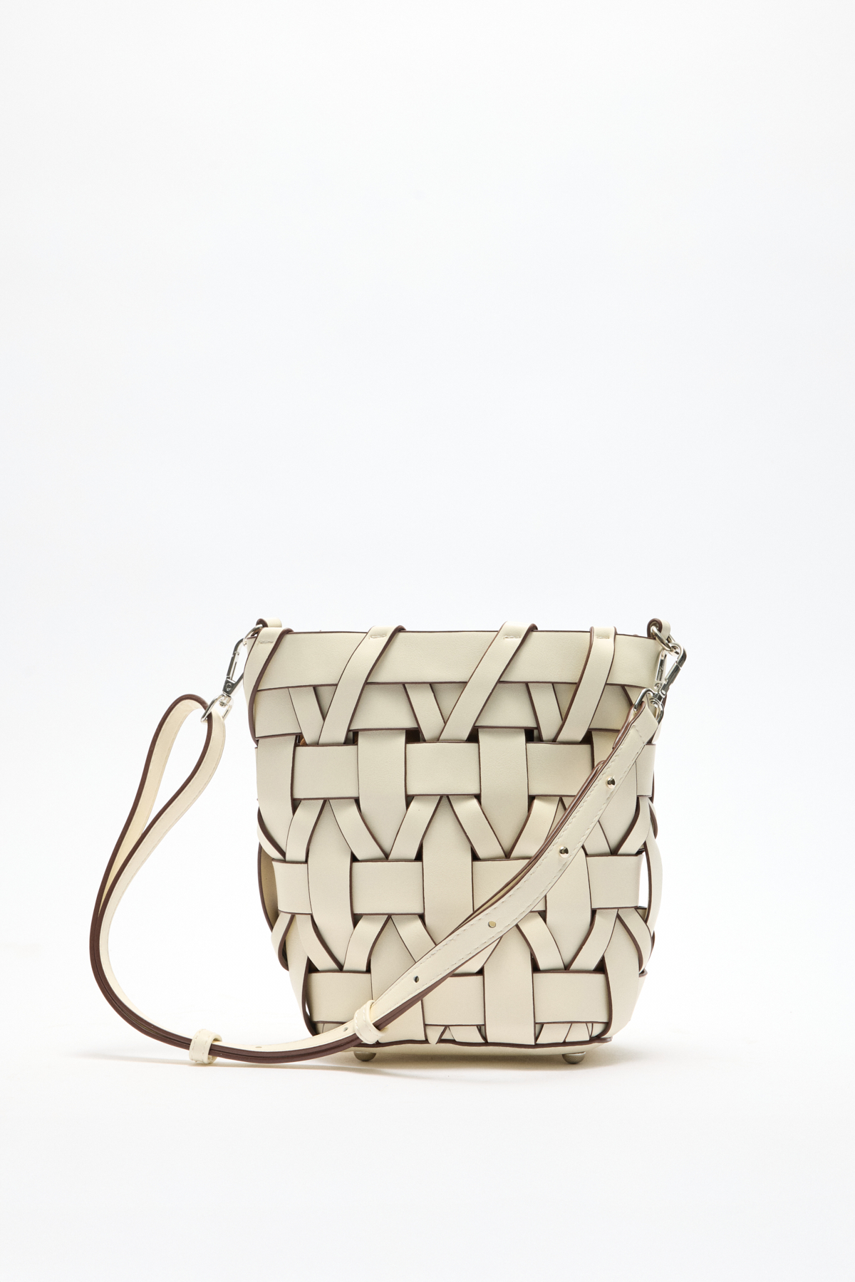 Geçişli Şerit Detaylı Bucket Beyaz Örgü Kadın Çanta