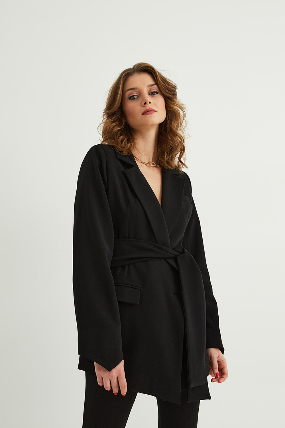 Kuşaklı Oversize Blazer Siyah Kadın Ceket