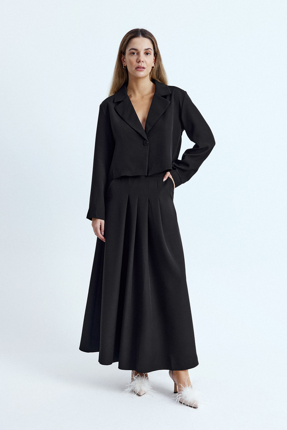 Tek Düğmeli Croptop Siyah Kadın Ceket