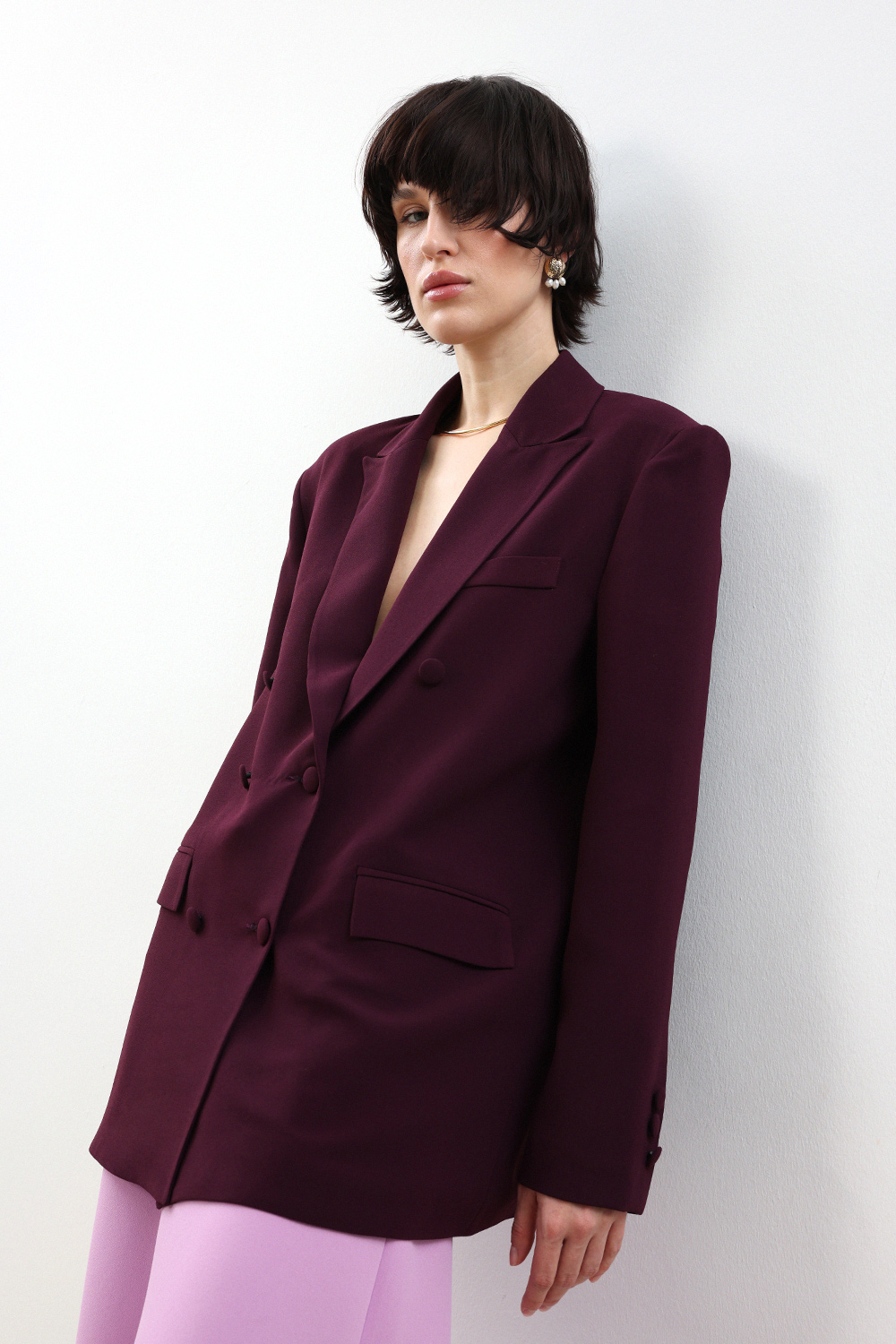 Vatkalı Cep Detaylı Blazer Bordo Kadın Ceket
