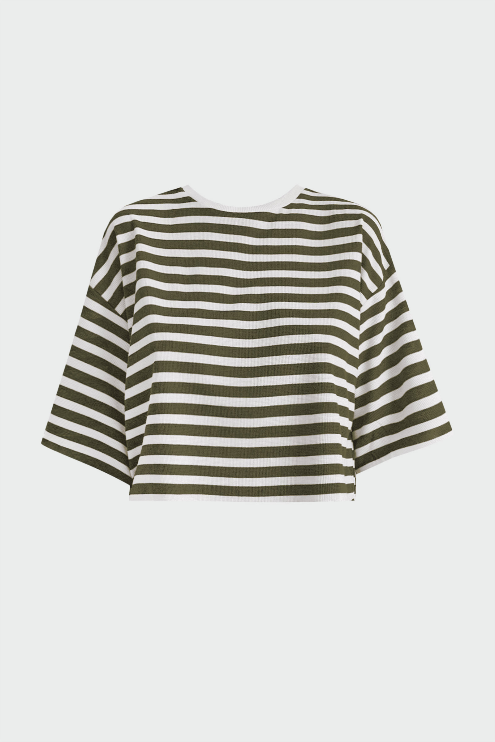 Çizgili Crop Top Haki Kadın Basic Tişört