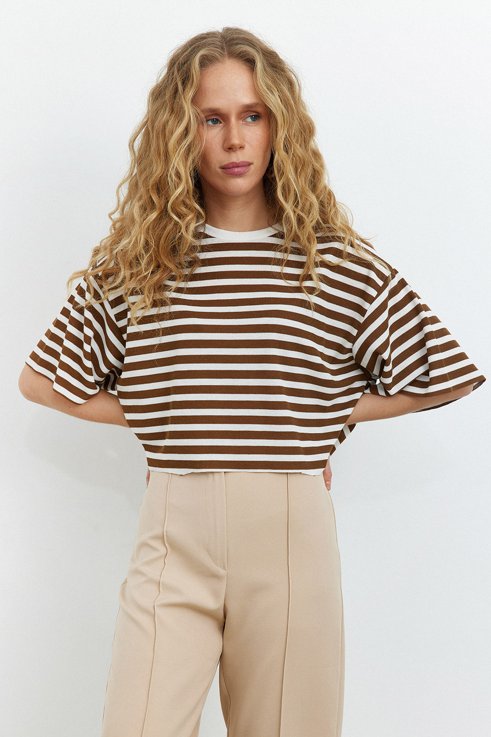 Çizgili Crop Top Kahve Kadın Basic Tişört