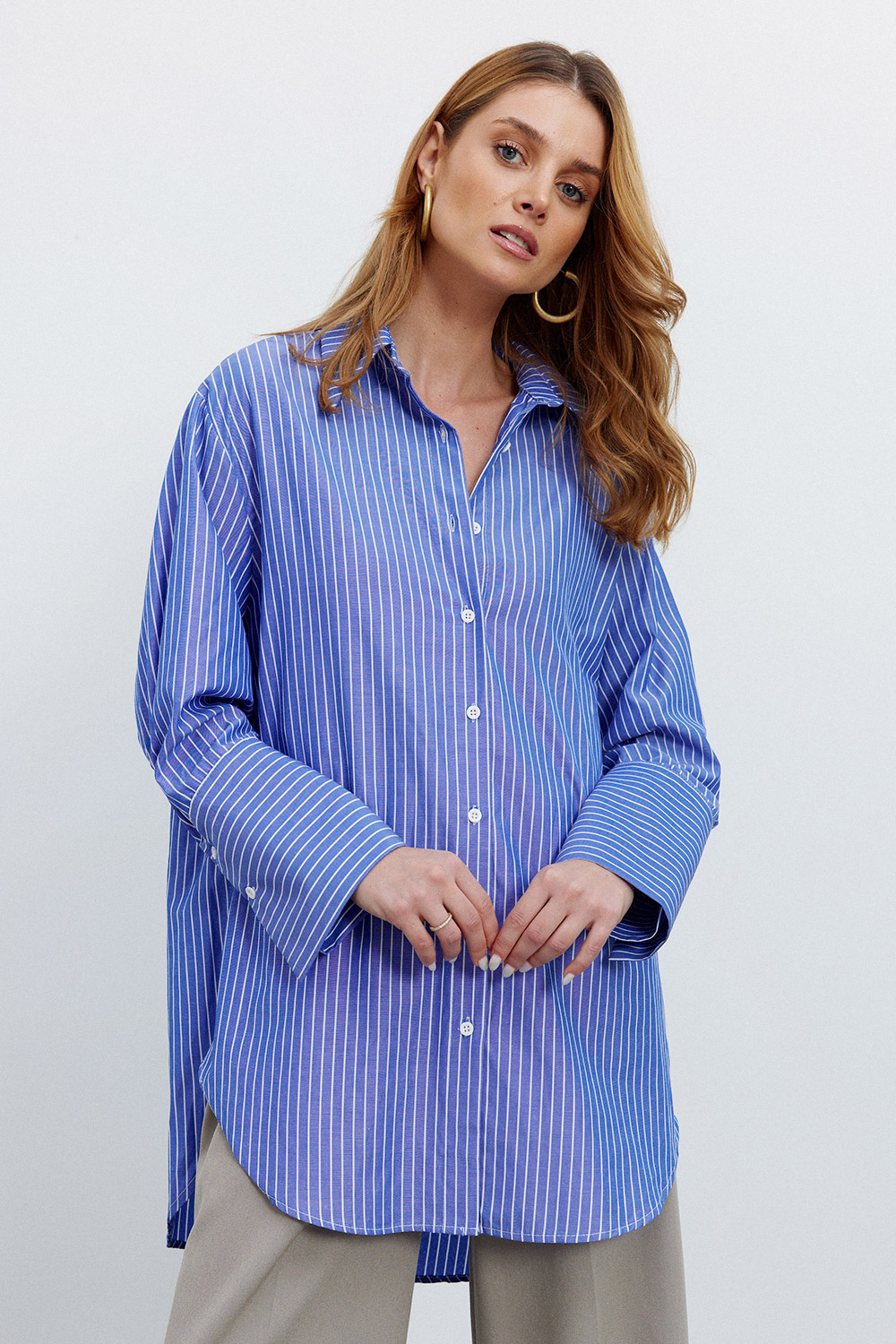 Çizgili Desenli Oversize Mavi Kadın Gömlek