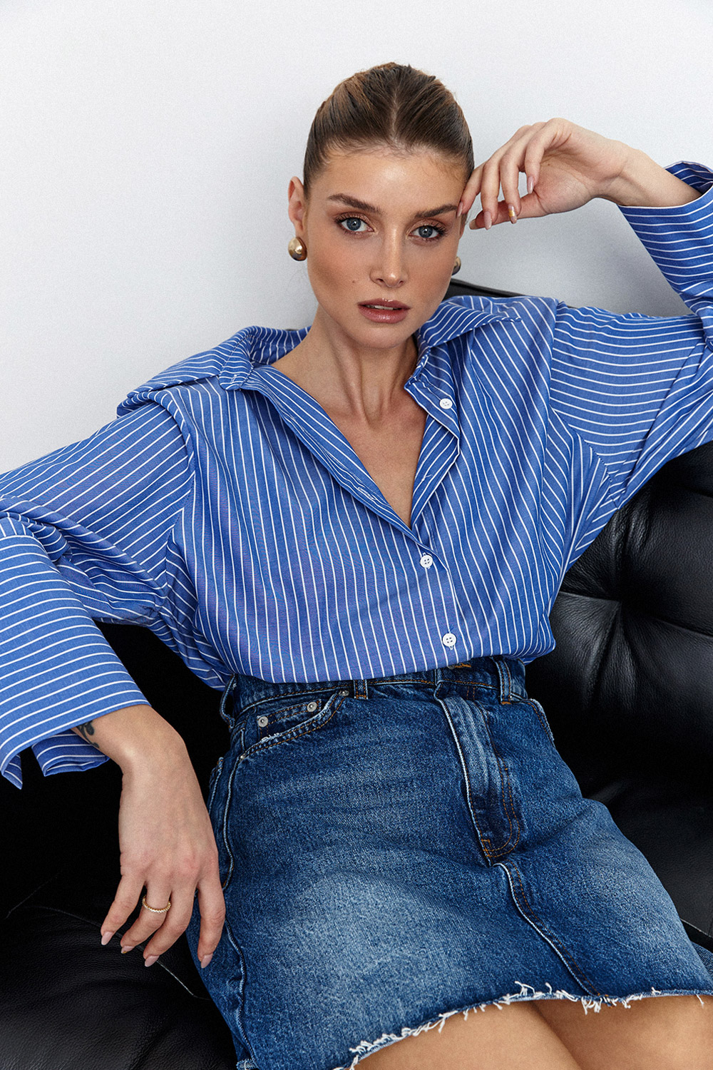 Çizgili Desenli Oversize Mavi Kadın Gömlek