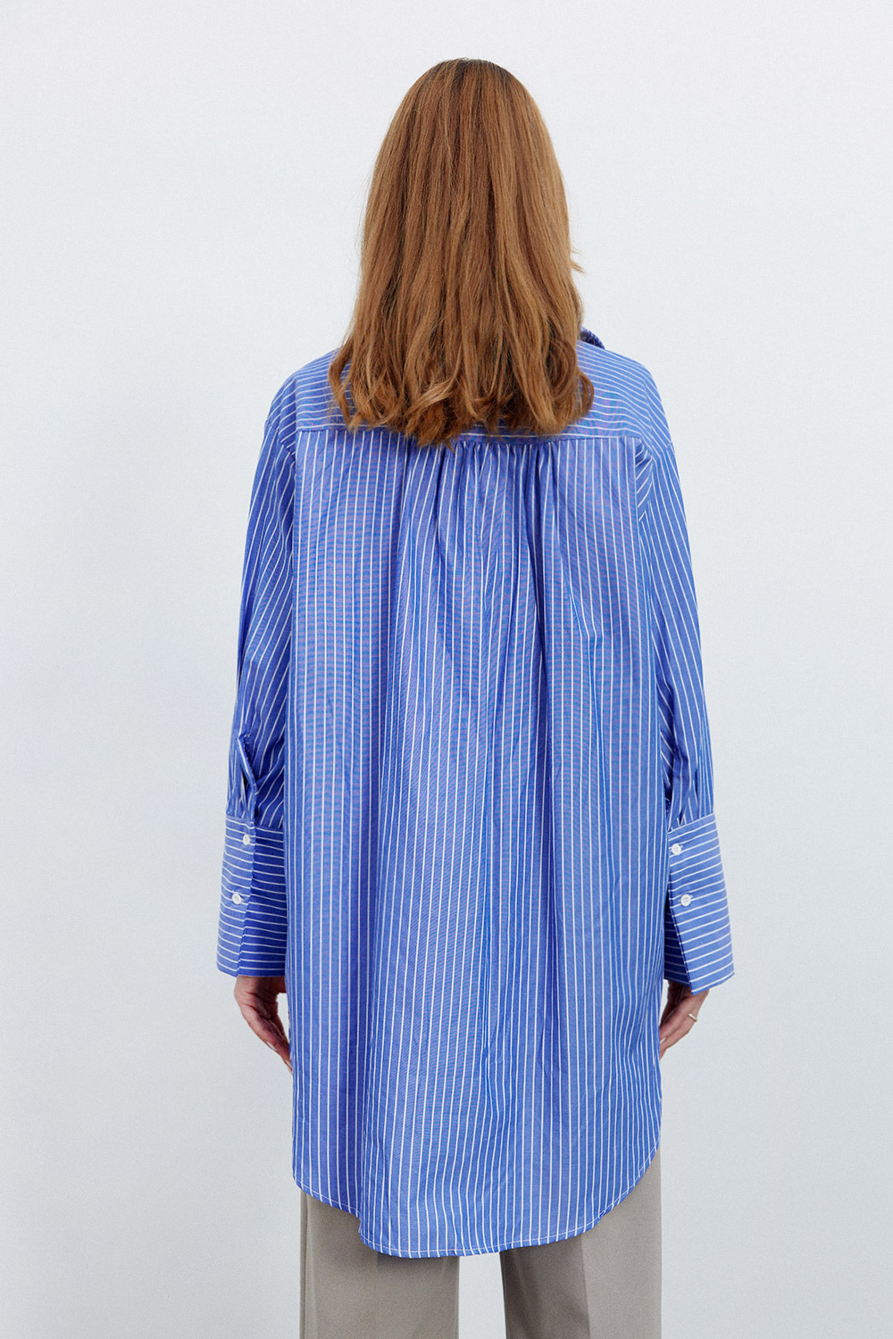Çizgili Desenli Oversize Mavi Kadın Gömlek