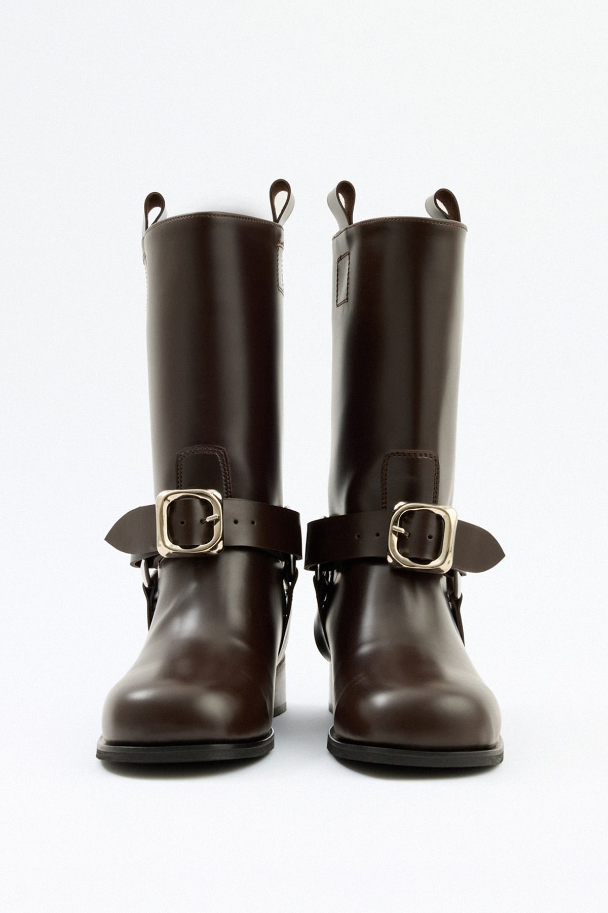 Çift Tokalı Biker Acı Kahve Kadın Çizme