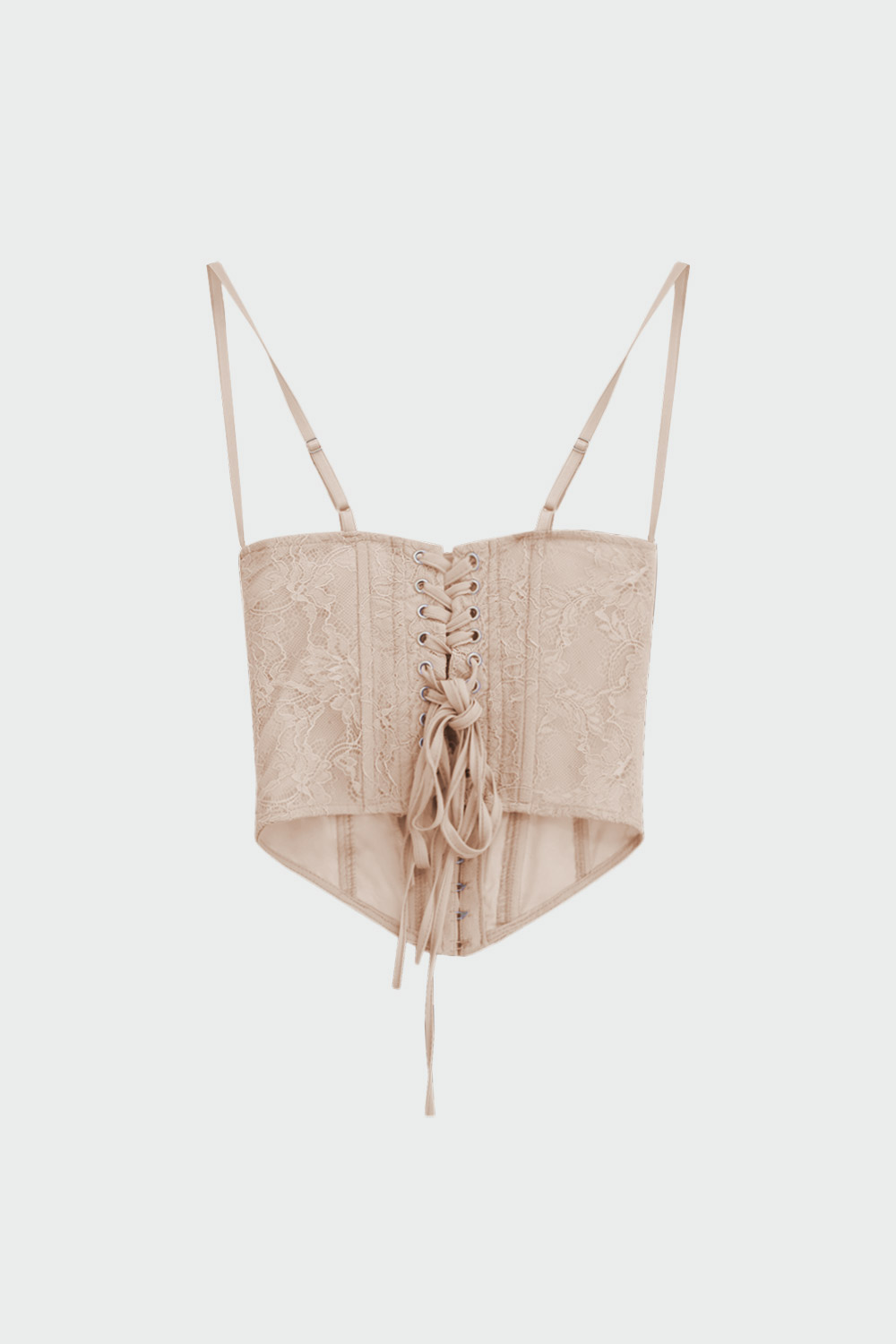 Dantel Detaylı Arkası İpli Korse Bej Kadın Crop Top