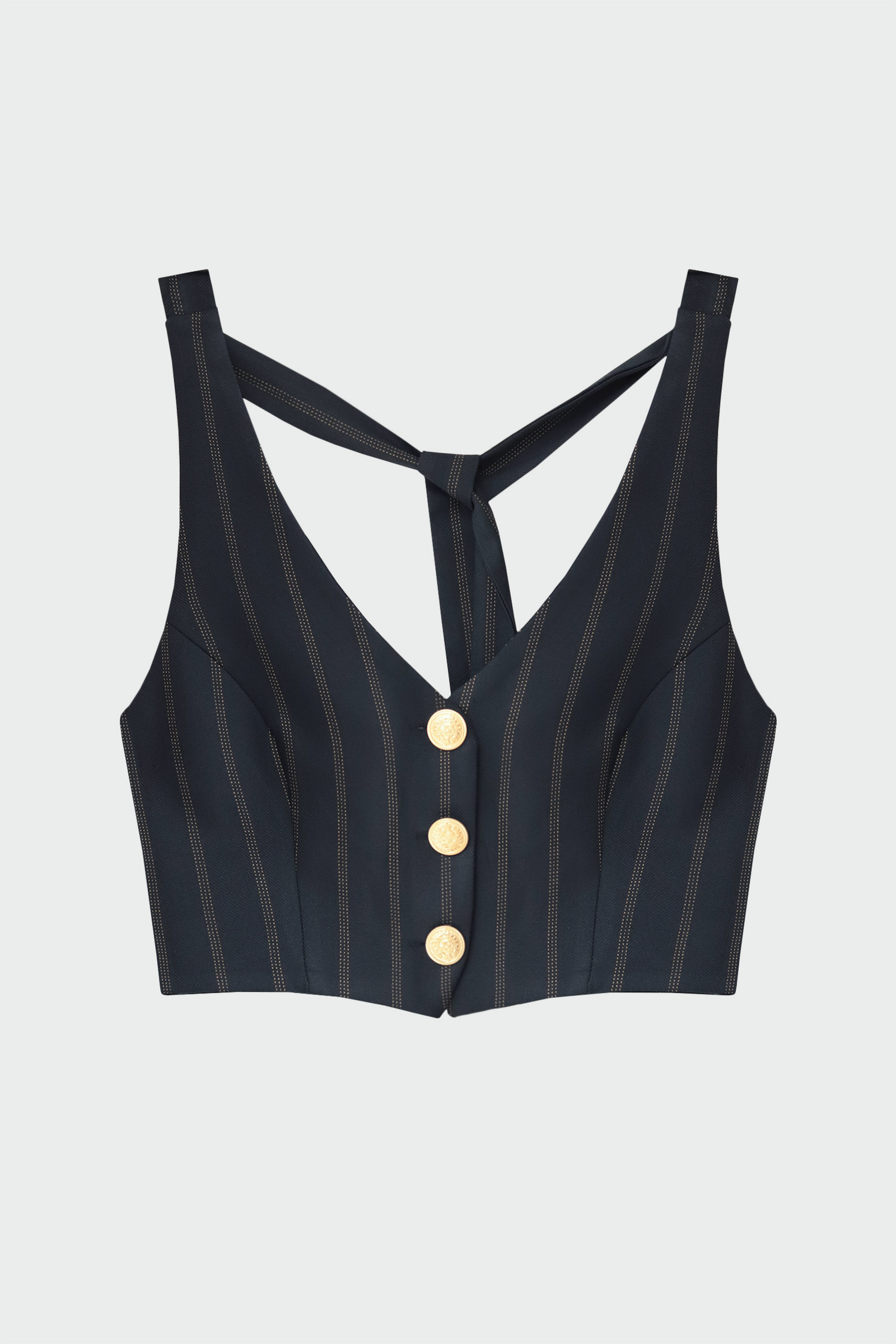 Gold Düğmeli Sırt Dekolteli Lacivert Kadın Crop Top