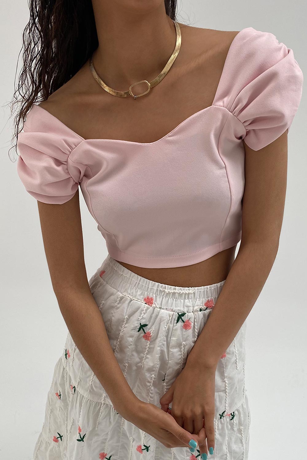 Kalp Yaka Kolu Büzgülü Pembe Kadın Crop Top