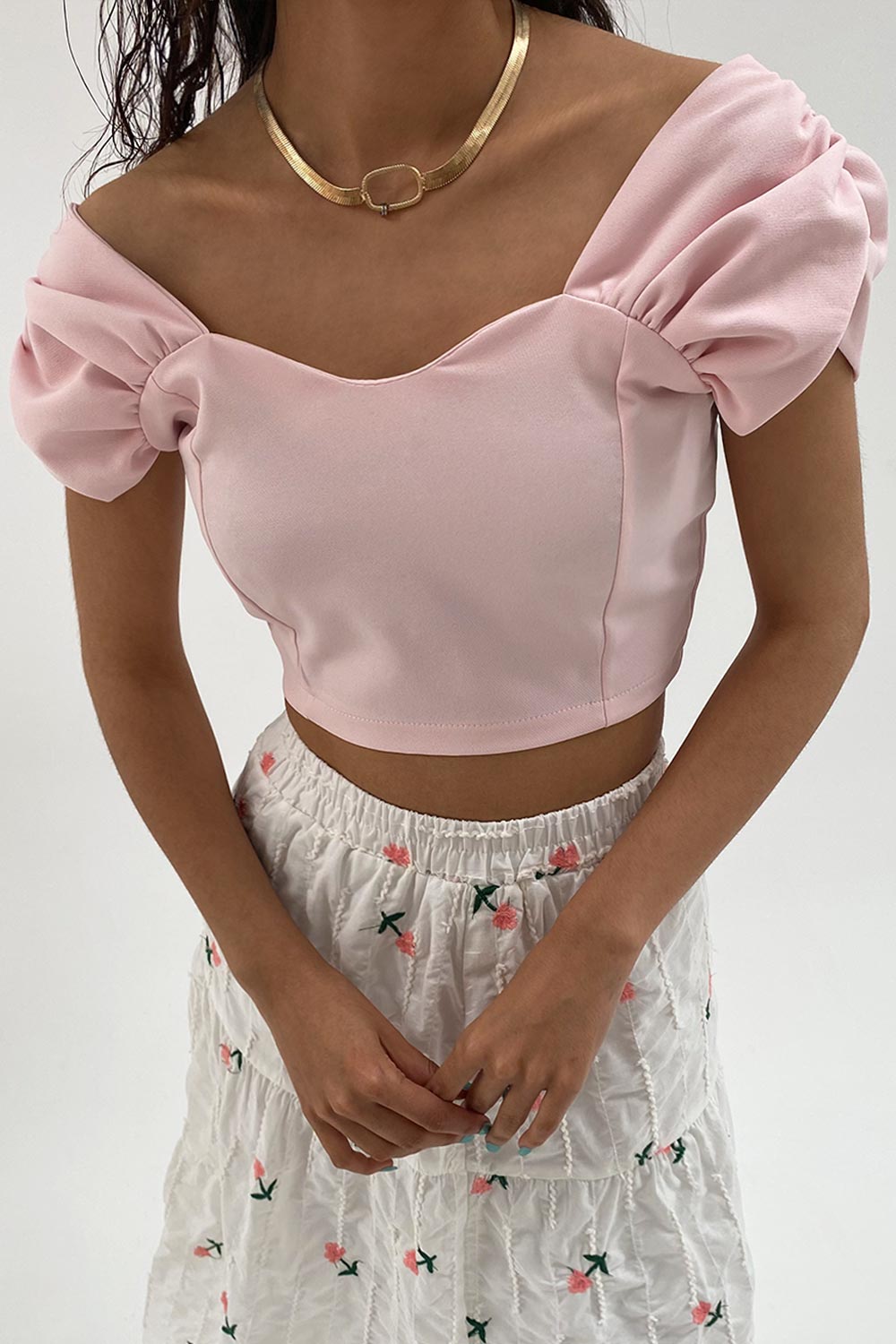 Kalp Yaka Kolu Büzgülü Pembe Kadın Crop Top