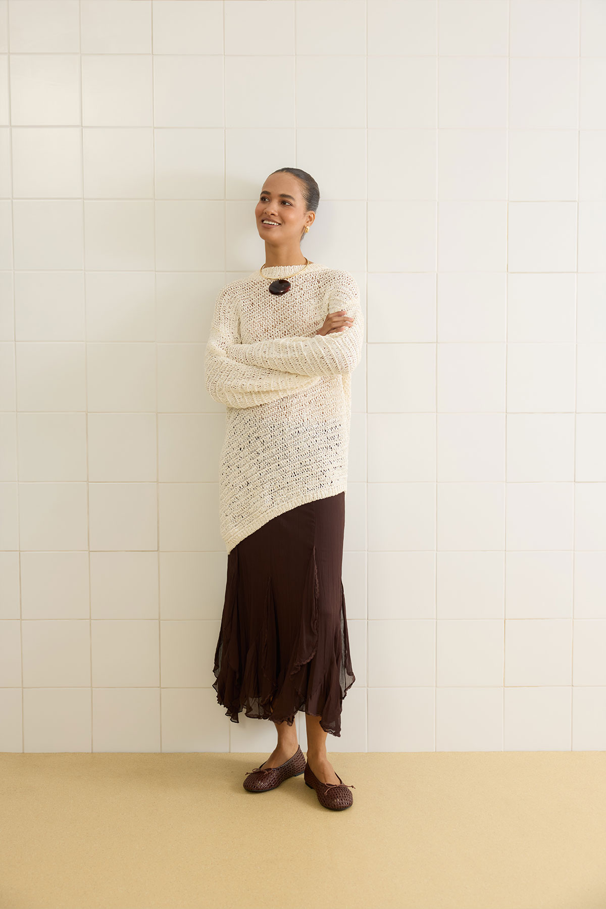 Deri Görünümlü Örgü Acı Kahve Örgü Kadın Babet