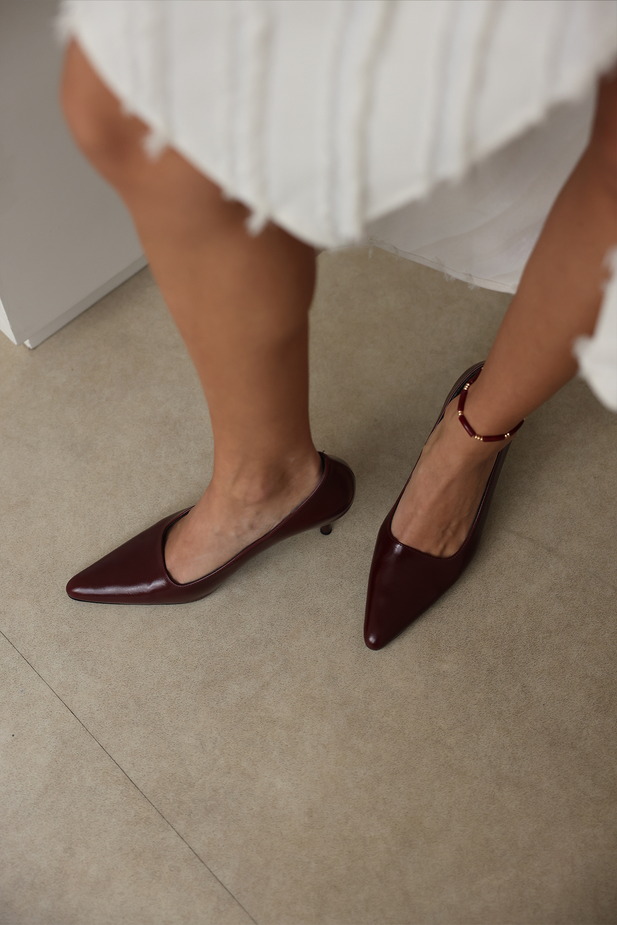 Deri Görünümlü Sivri Burun Stiletto Bordo Kadın Topuklu