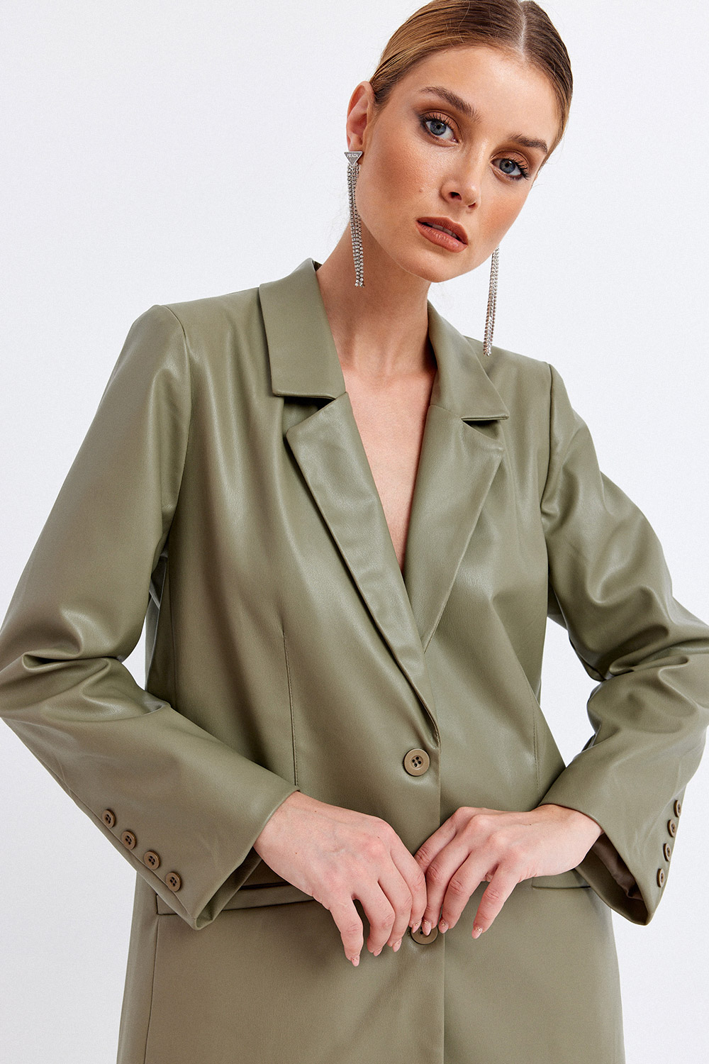 Deri Görünümlü Slim Fit Blazer Haki Kadın Ceket