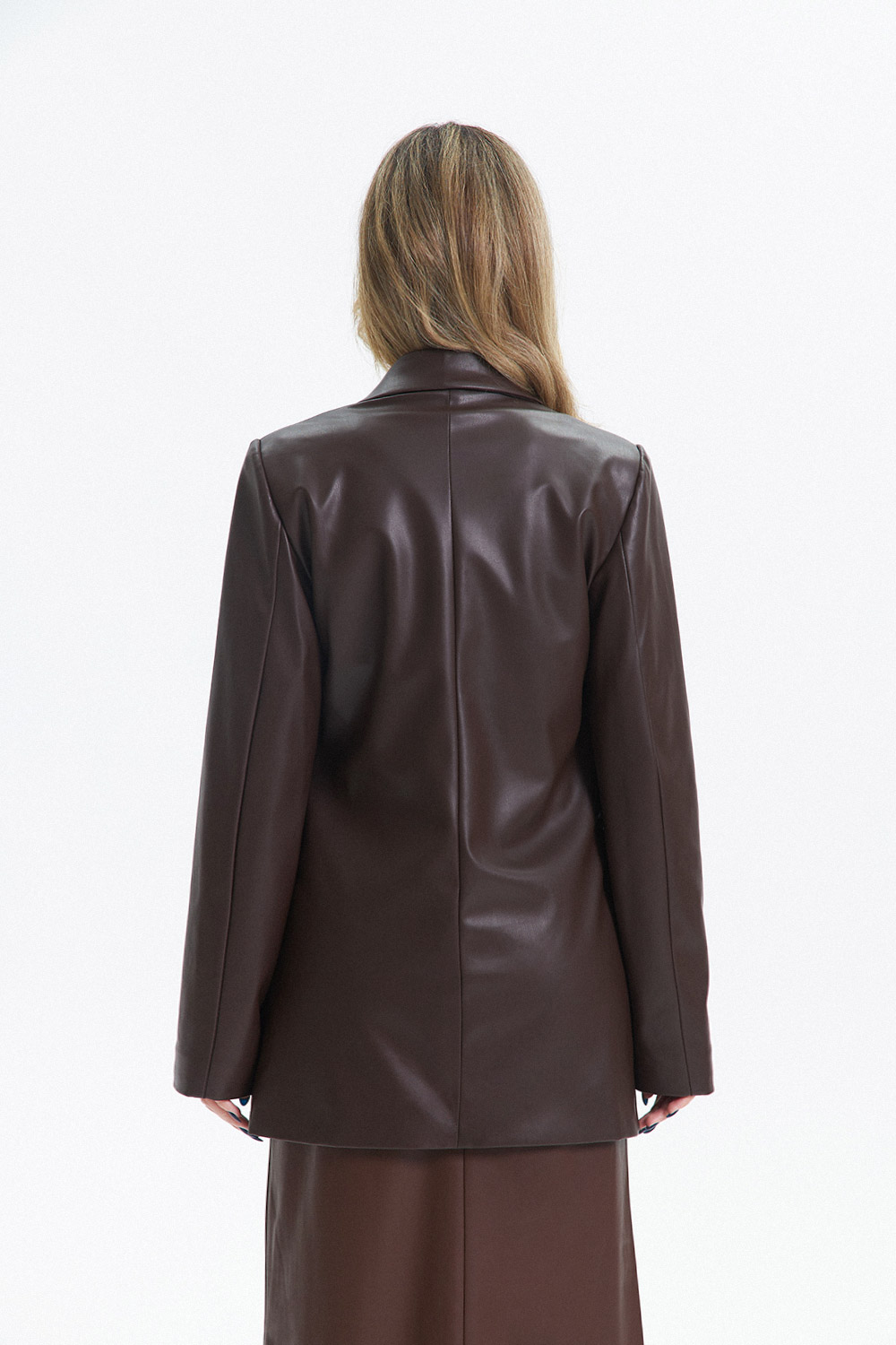 Deri Görünümlü Tek Düğmeli Blazer Acı Kahve Kadın Ceket