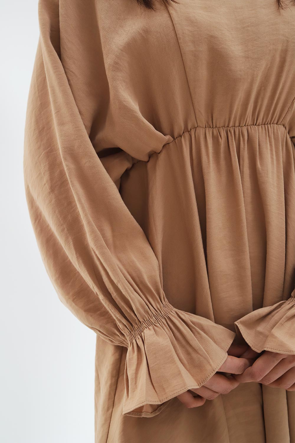 Belden Lastikli Yarasa Kol Klasik Mini Camel Kadın Elbise