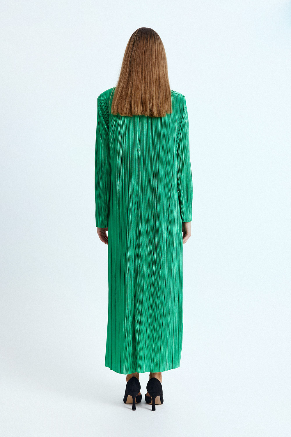 Çizgili Dokulu Uzun Yeşil Kadın Elbise