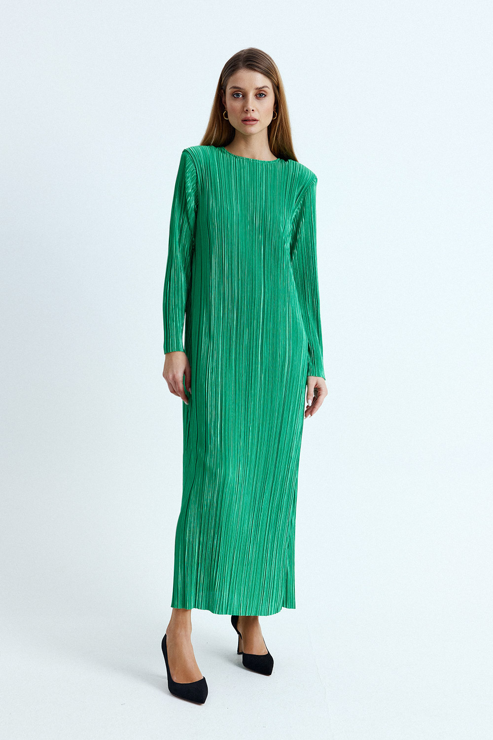 Çizgili Dokulu Uzun Yeşil Kadın Elbise