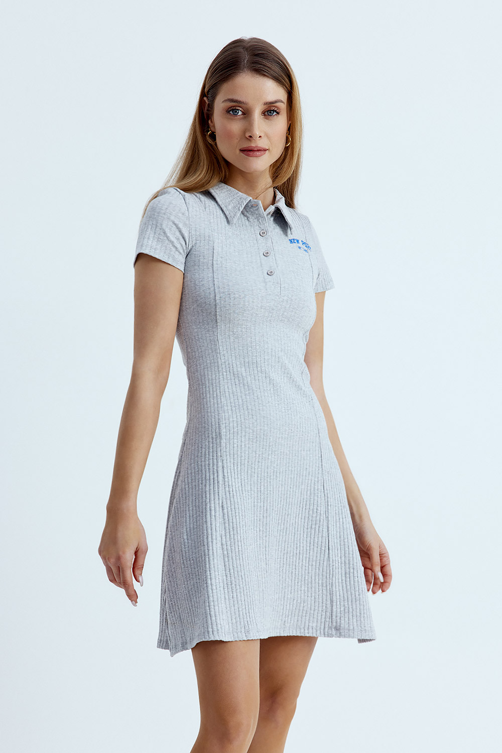 Polo Yaka Fitilli New Port Gri Kadın Elbise