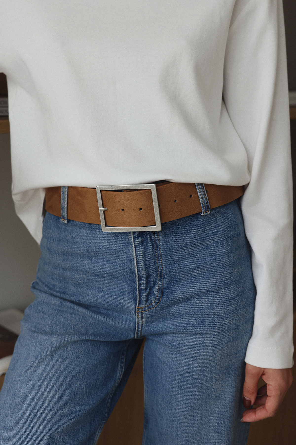 Eskitme İnce Tokalı Taba Süet Kadın Kemer