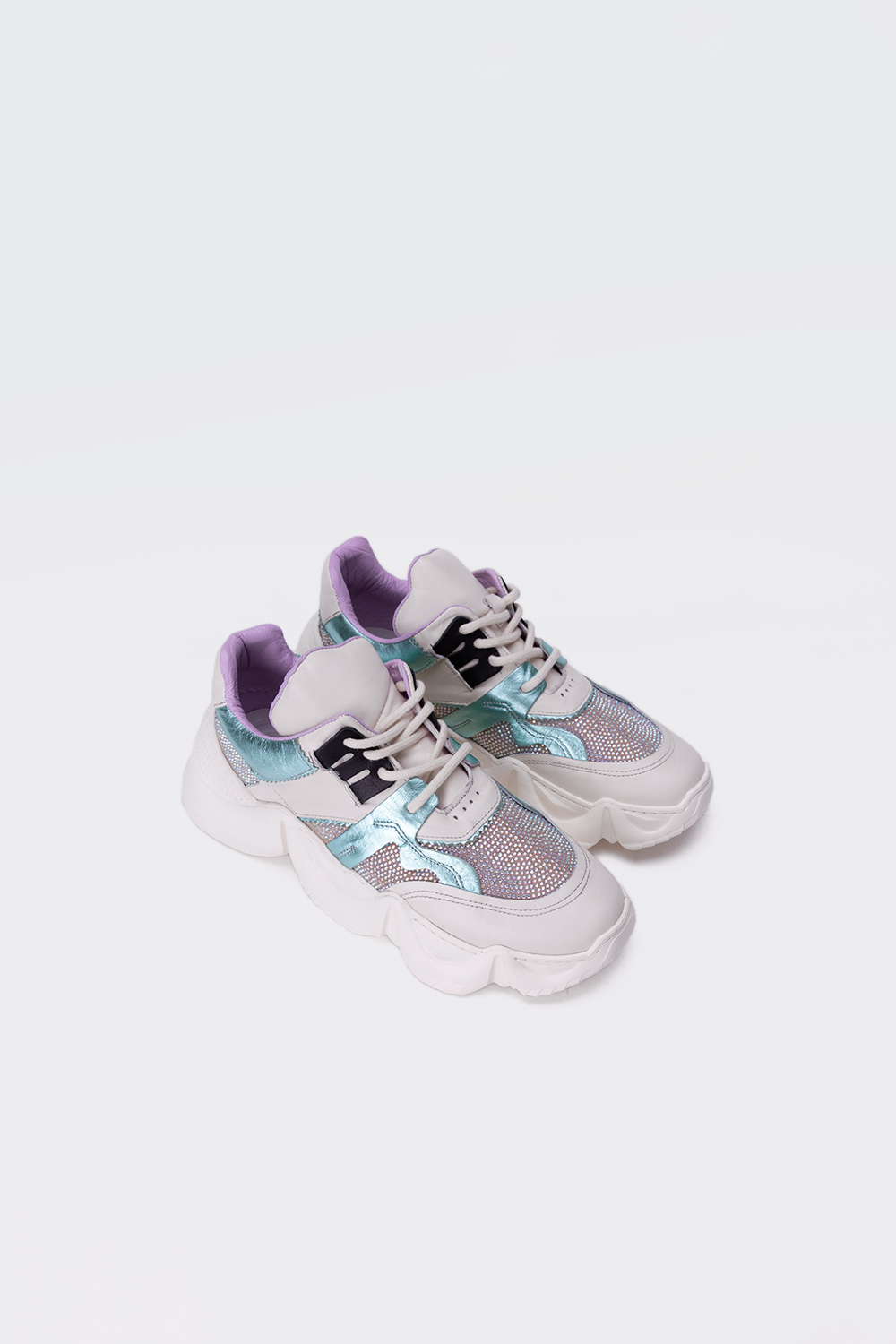 Felix Gerçek Deri Sneakers Yüksek Taban Taşlı Su Yeşili Kadın Spor