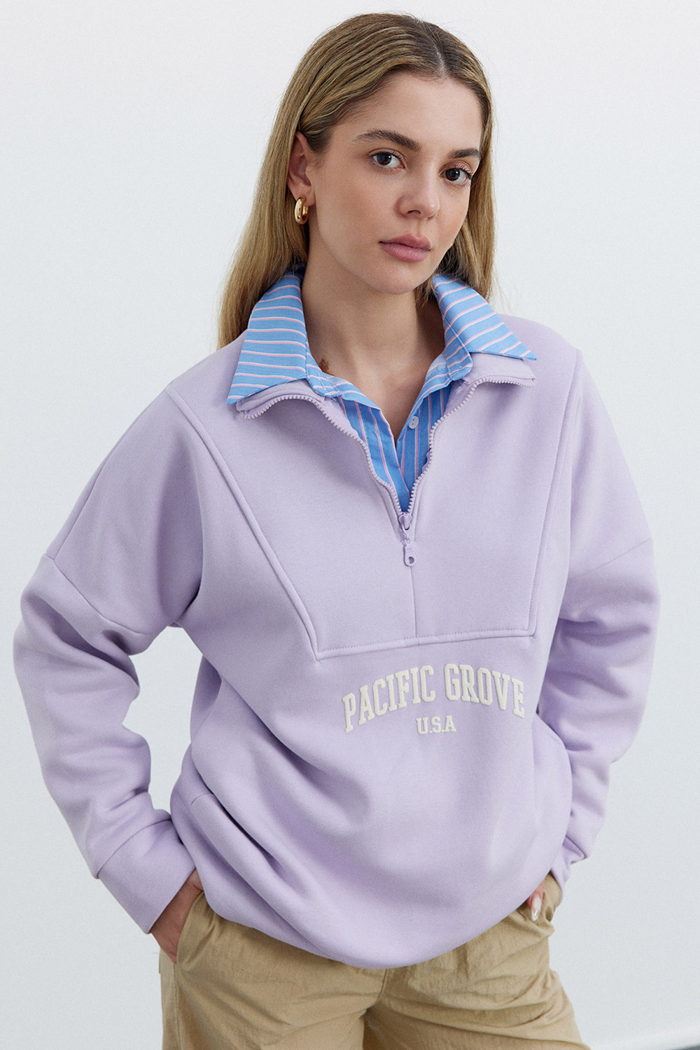 Fermuarlı Pasific Grove Lila Kadın Sweatshirt