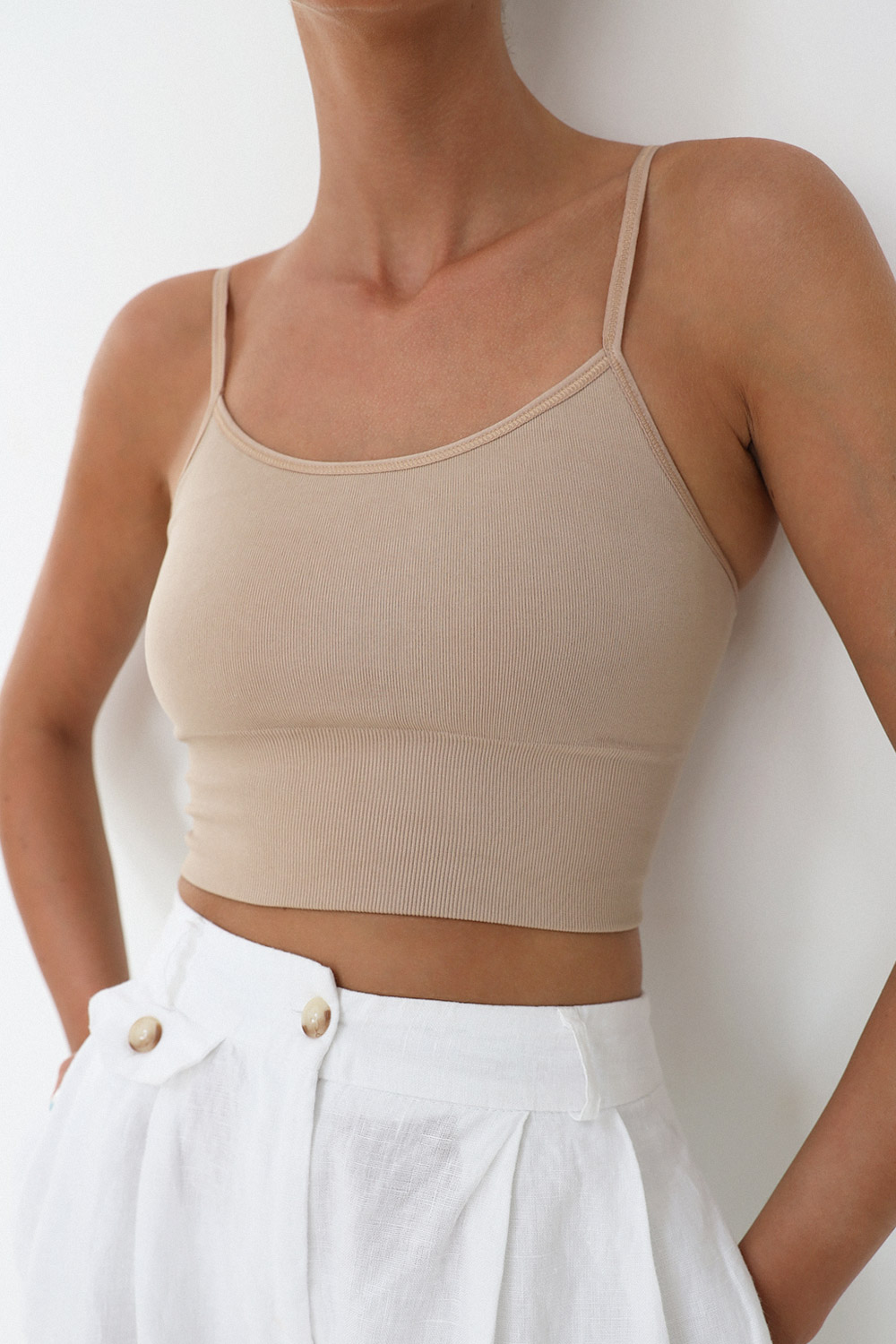 Fitilli İnce Askılı Nude Kadın Crop Top