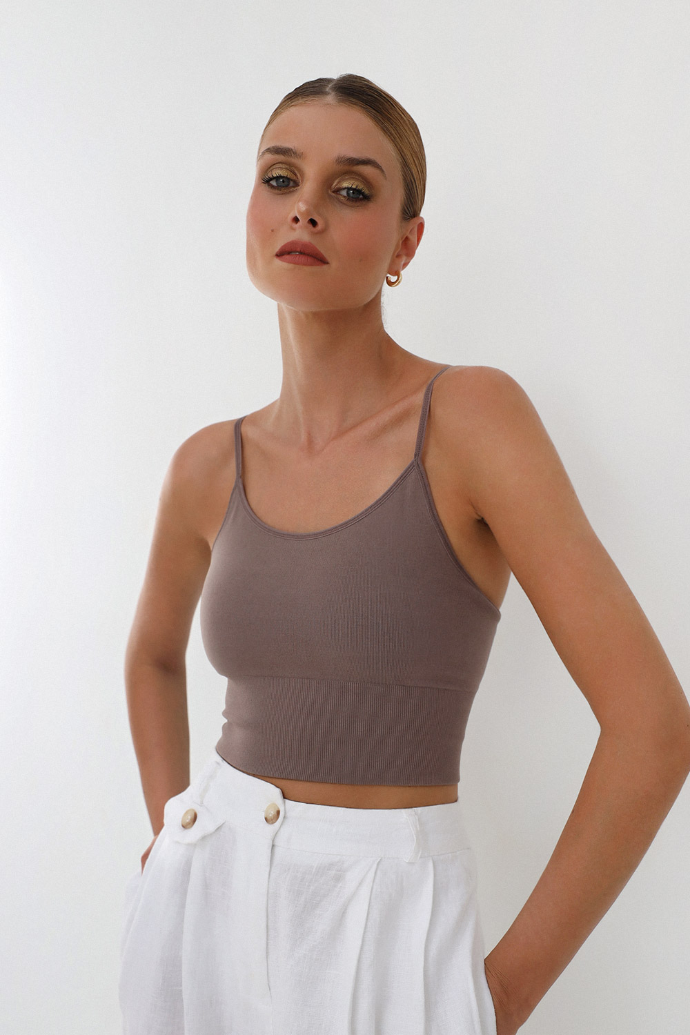 Fitilli İnce Askılı Vizon Kadın Crop Top