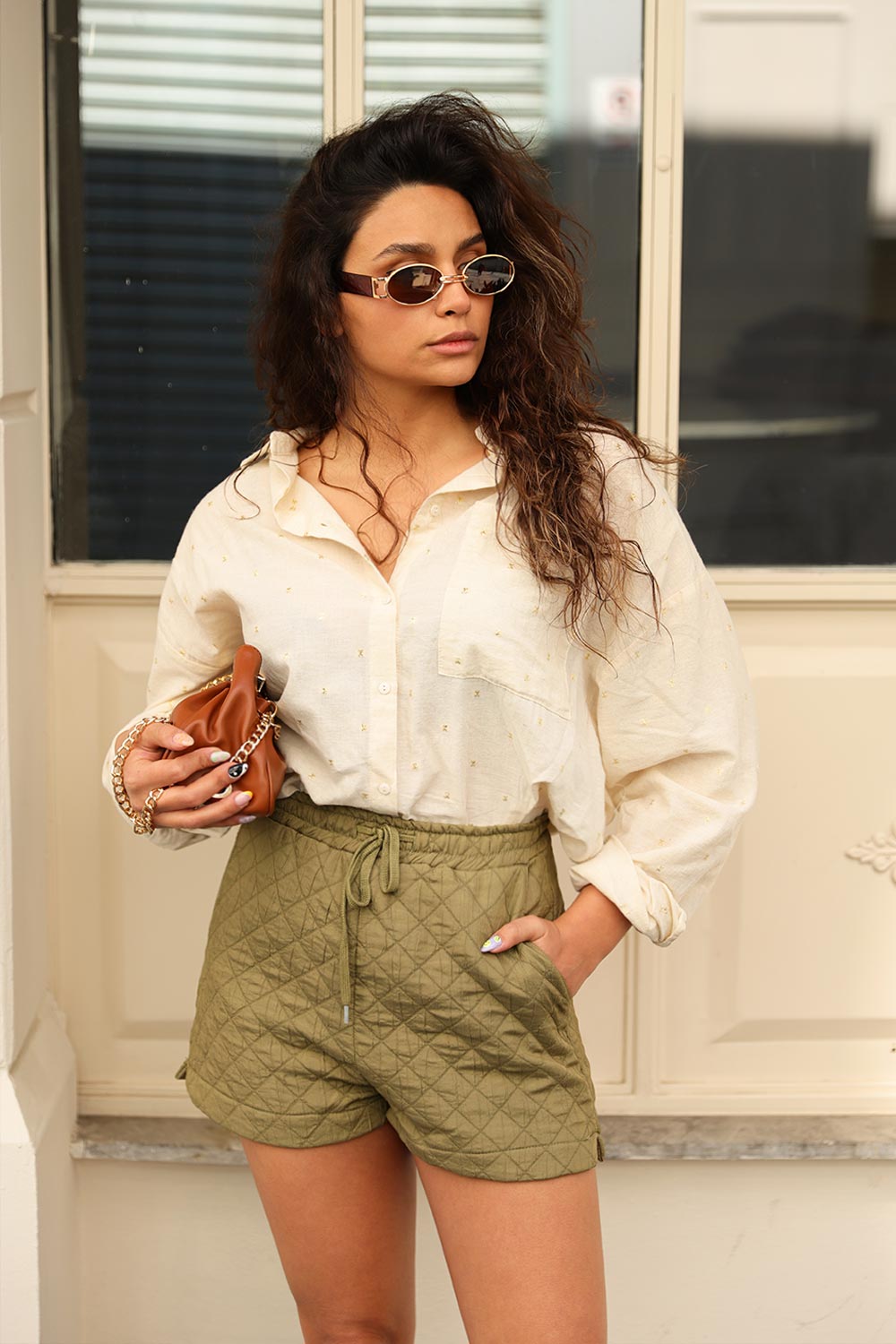 Keten Yıldızlı Cream Kadın Gömlek