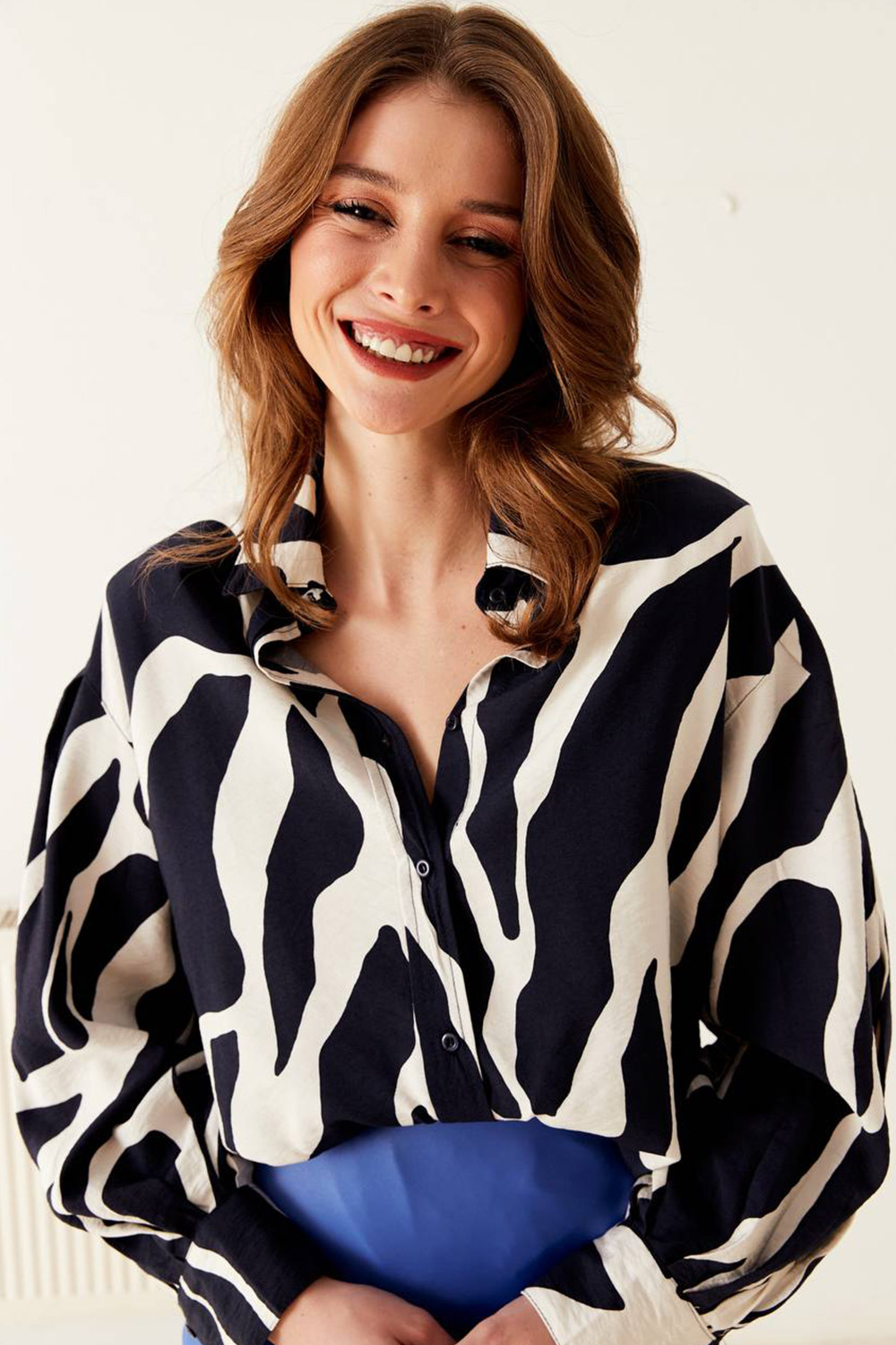 Zebra Desen Oversize Lacivert Kadın Gömlek
