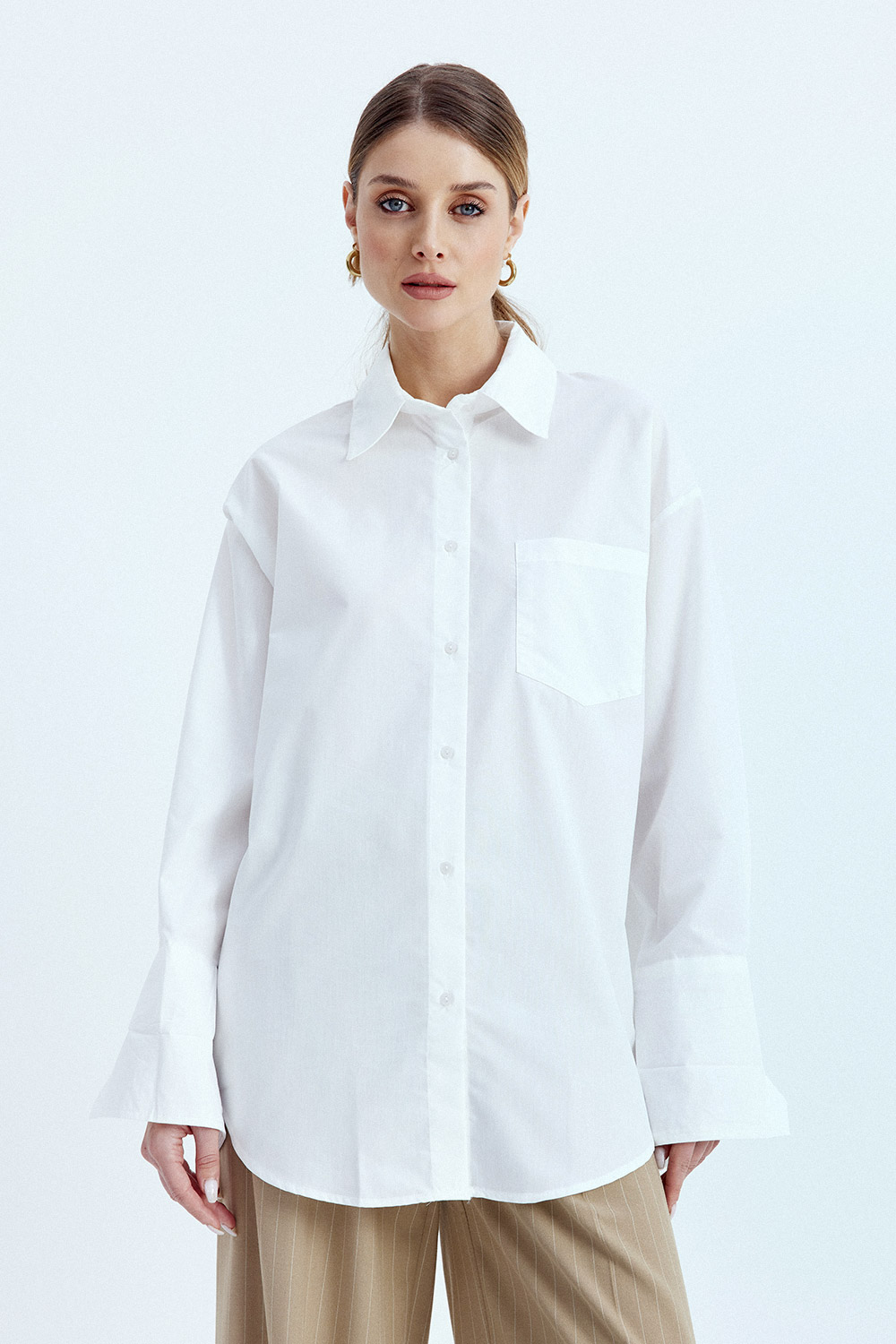 Oversize Tek Cepli Poplin Kırık Beyaz Kadın Gömlek