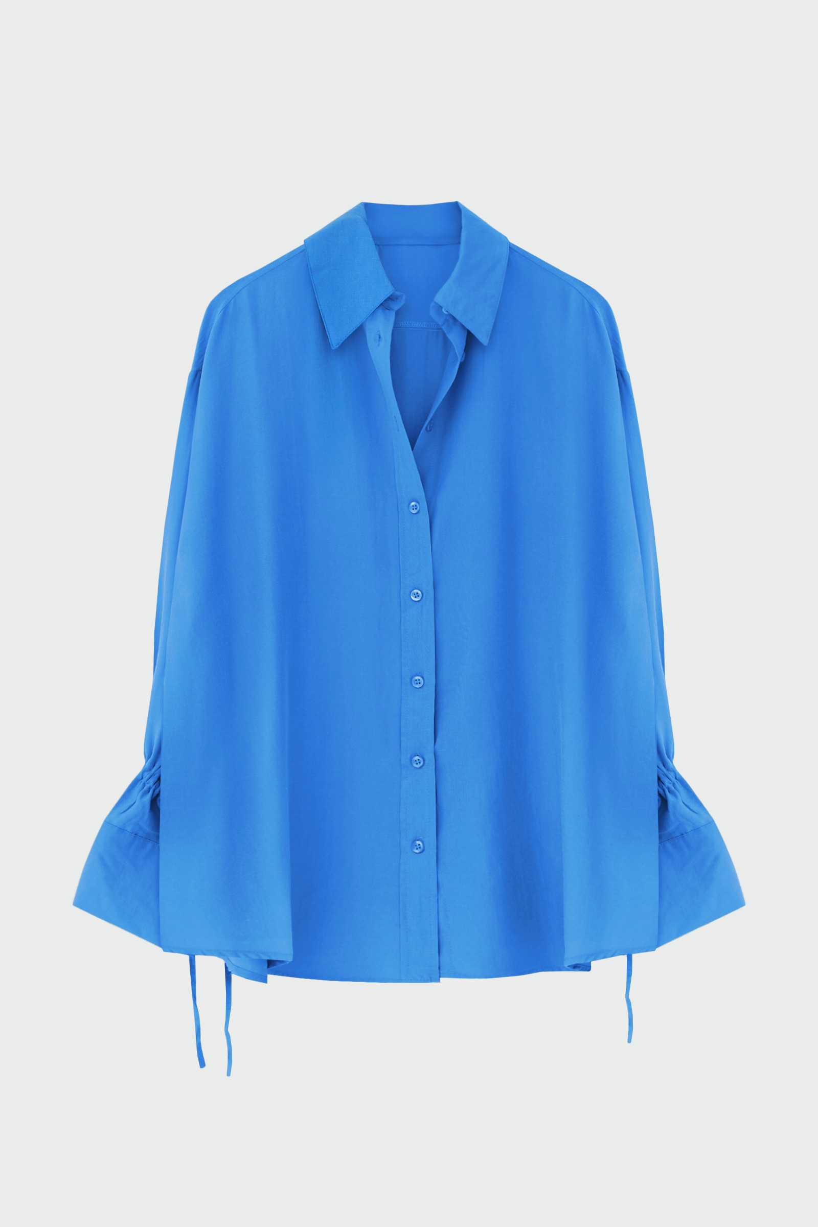 Bilekleri Büzgülü Oversize Saks Mavi Kadın Gömlek