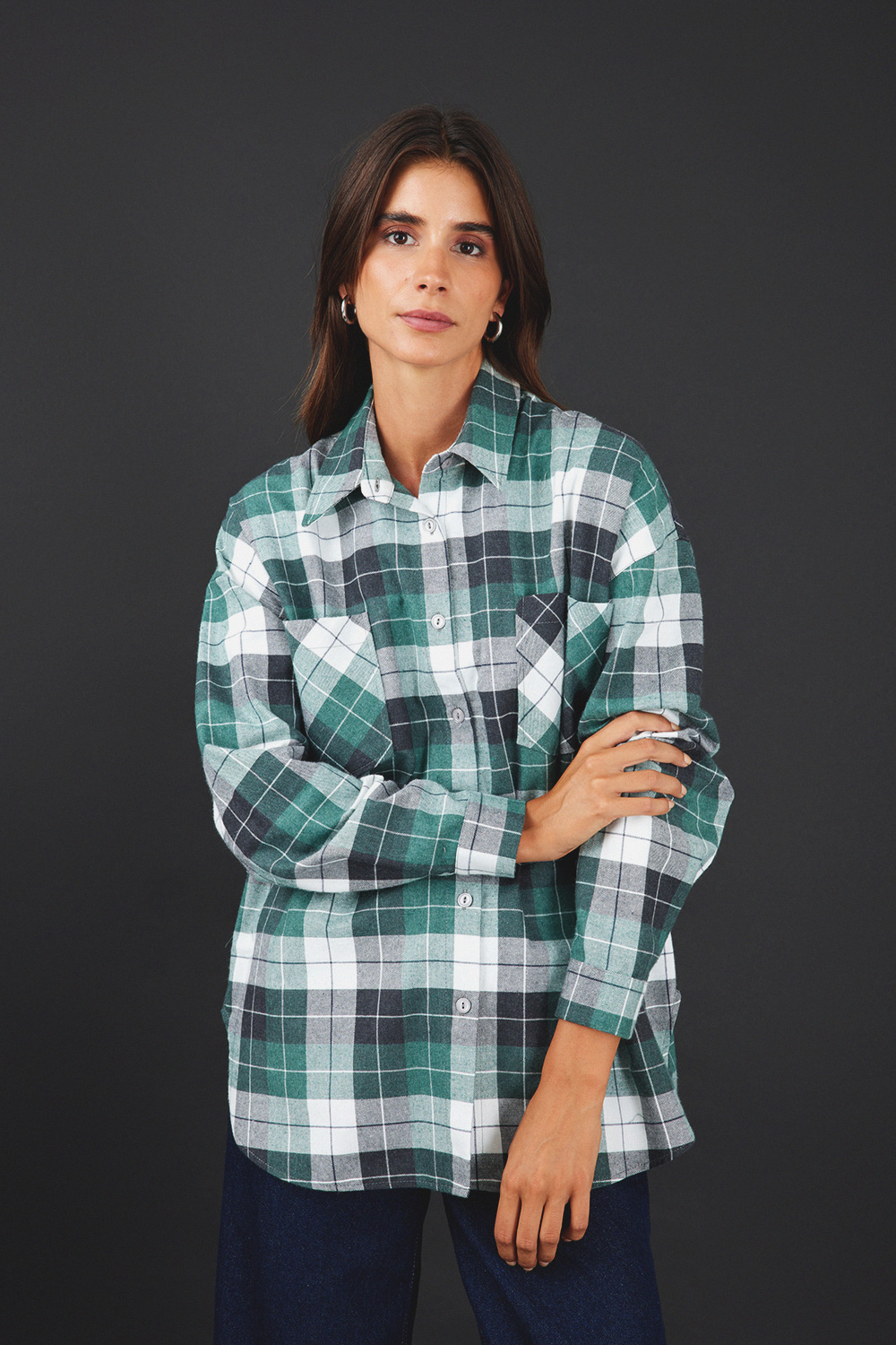 Ekose Oversize Oduncu Yeşil Kadın Gömlek