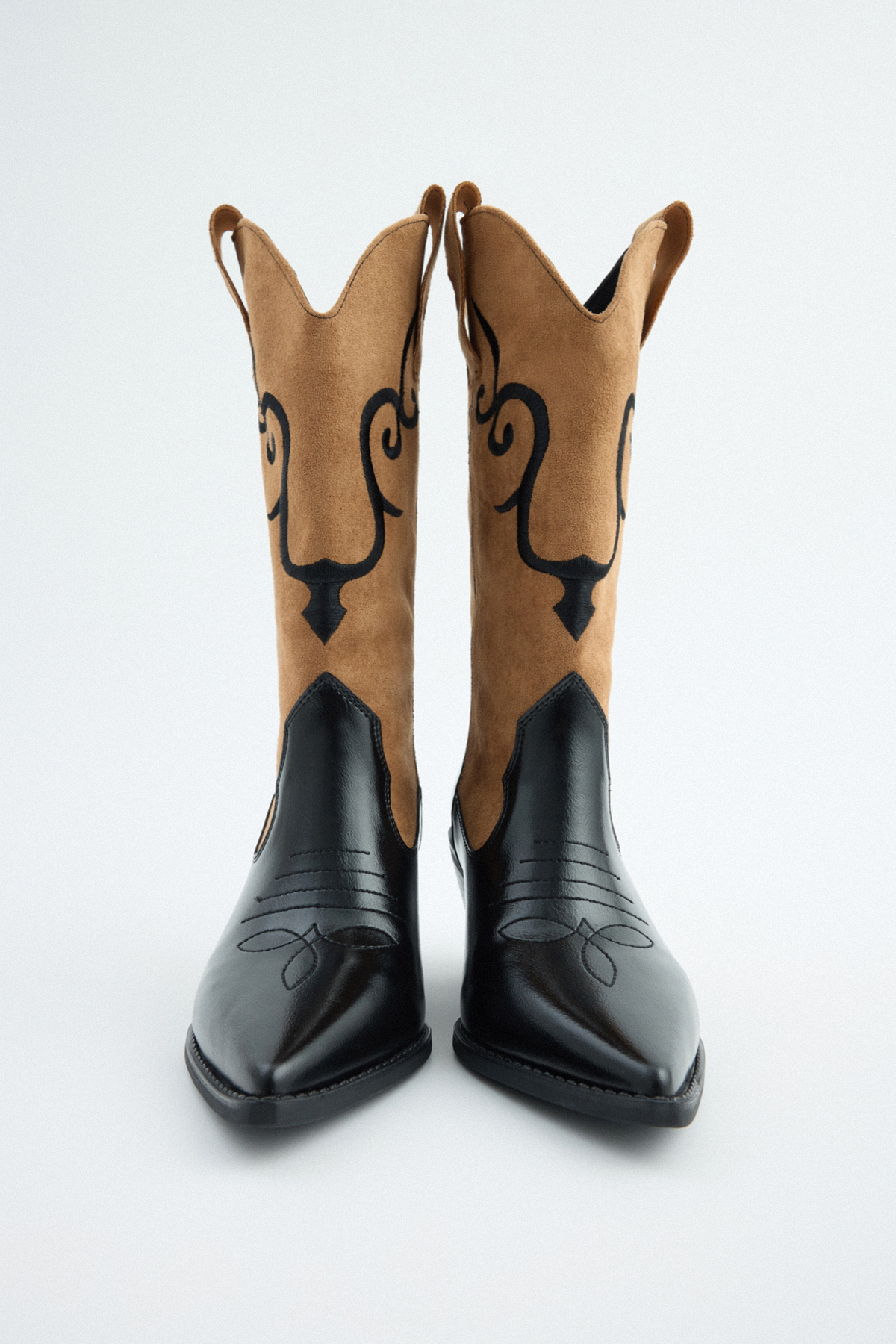 İşlemeli Süet Kovboy Siyah Taba Süet Kadın Çizme