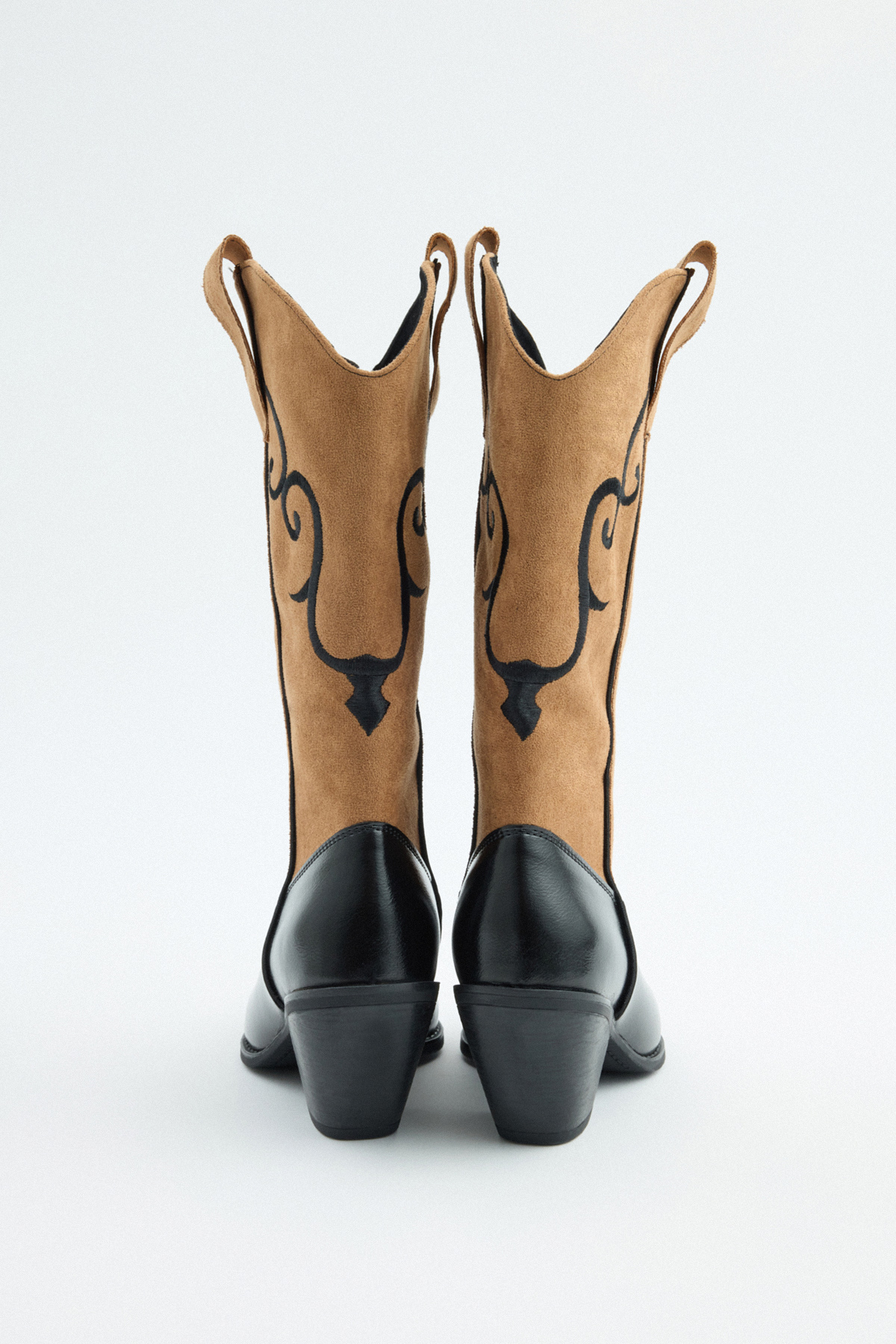 İşlemeli Süet Kovboy Siyah Taba Süet Kadın Çizme