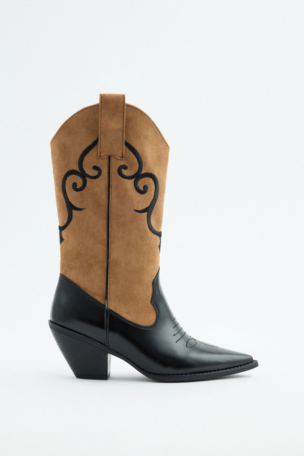 İşlemeli Süet Kovboy Siyah Taba Süet Kadın Çizme