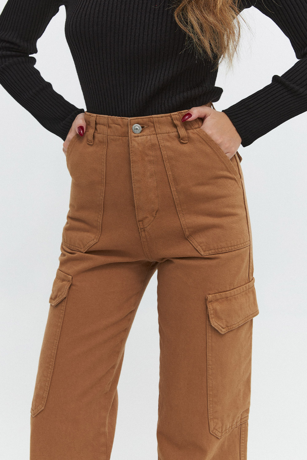 Cep Detaylı Denim Kargo Camel Kadın Jean