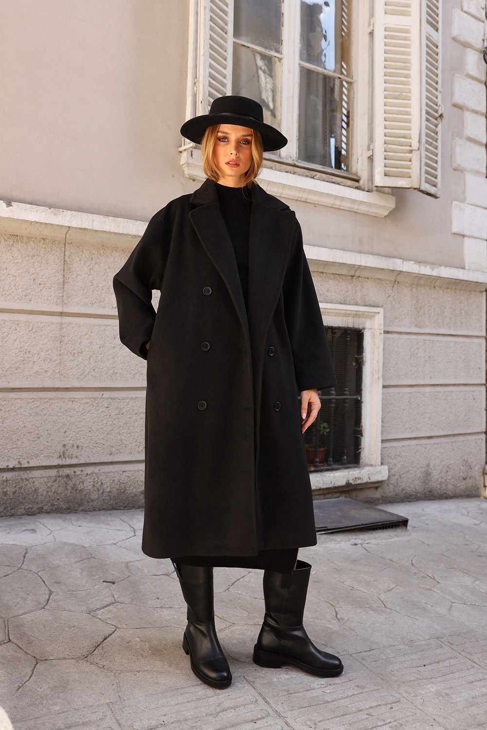 Oversize Yumuşak Kaşe Siyah Kadın Kaban