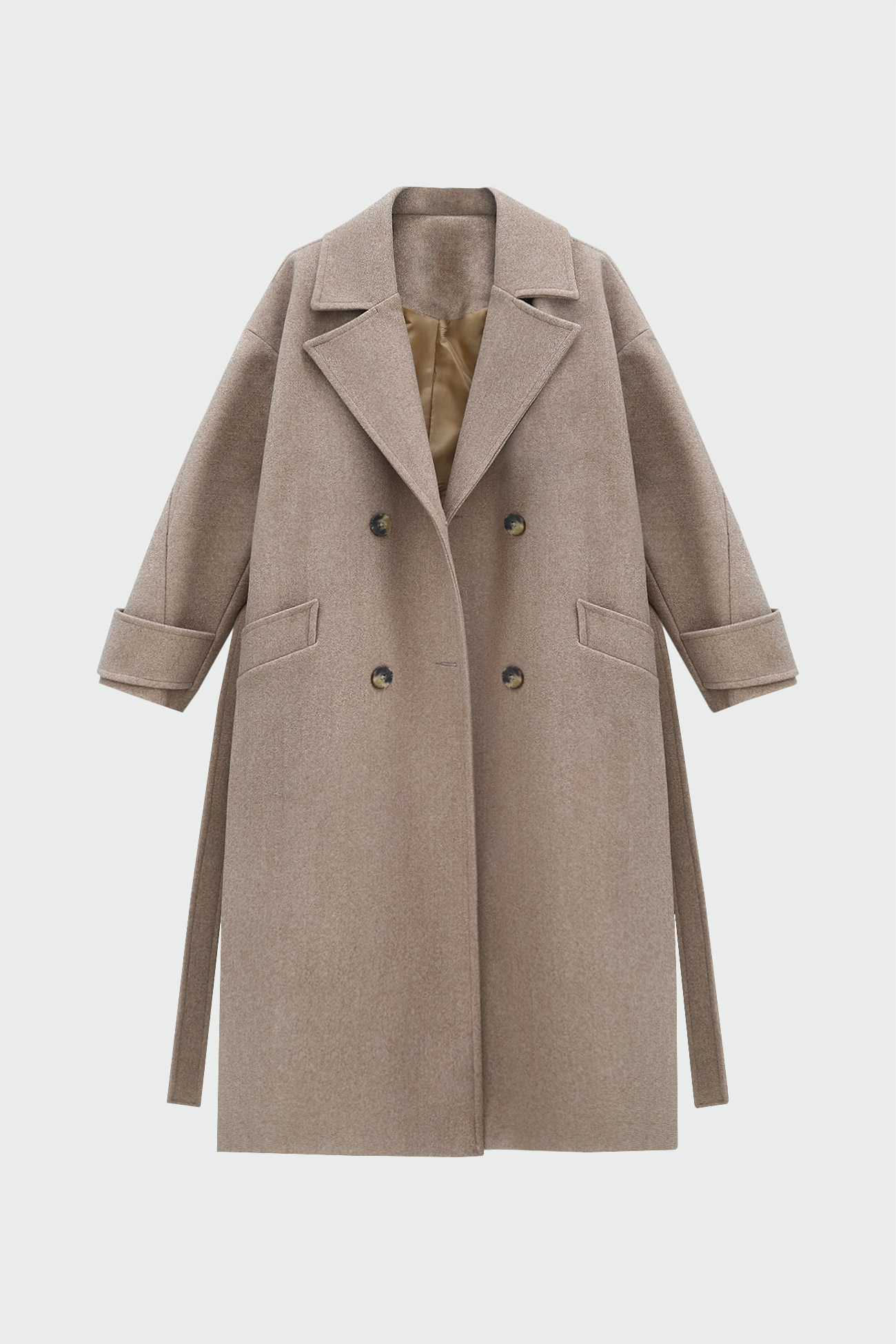 Kuşaklı Çift Düğmeli Kalın Koyu Bej Kadın Kaban