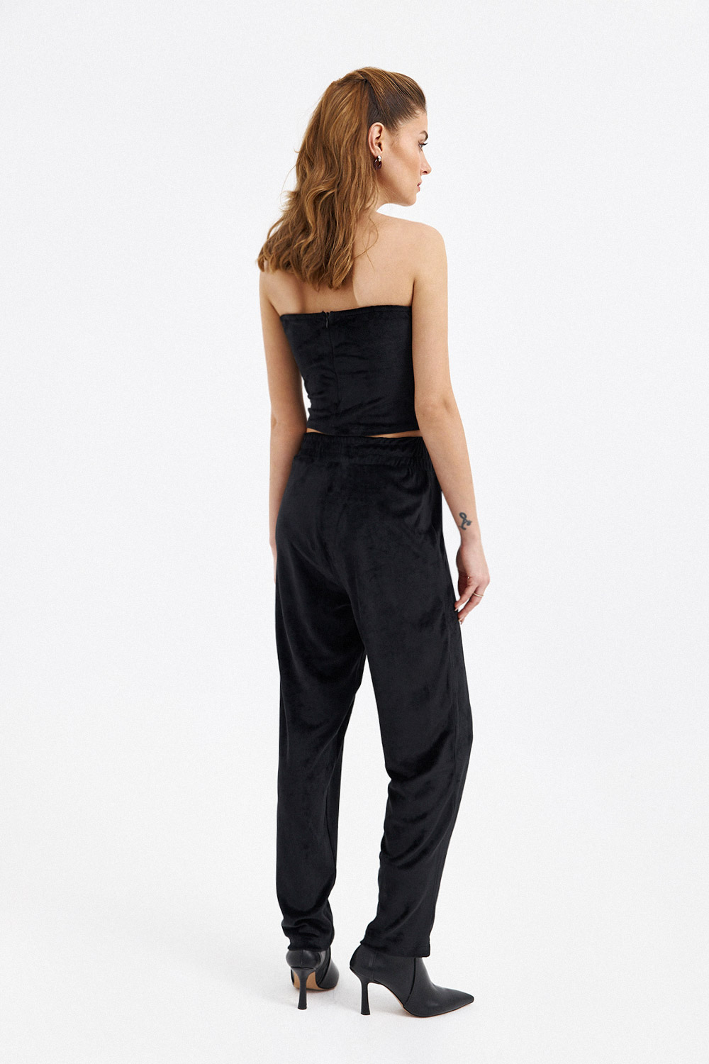 Kadife Straplez Croptop ve Pantolon Siyah Kadın Takım