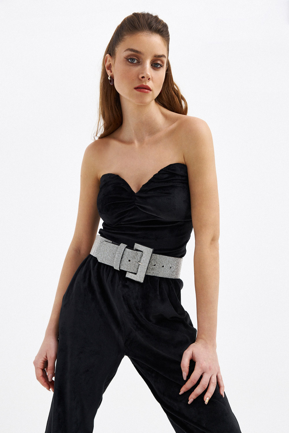 Kadife Straplez Croptop ve Pantolon Siyah Kadın Takım